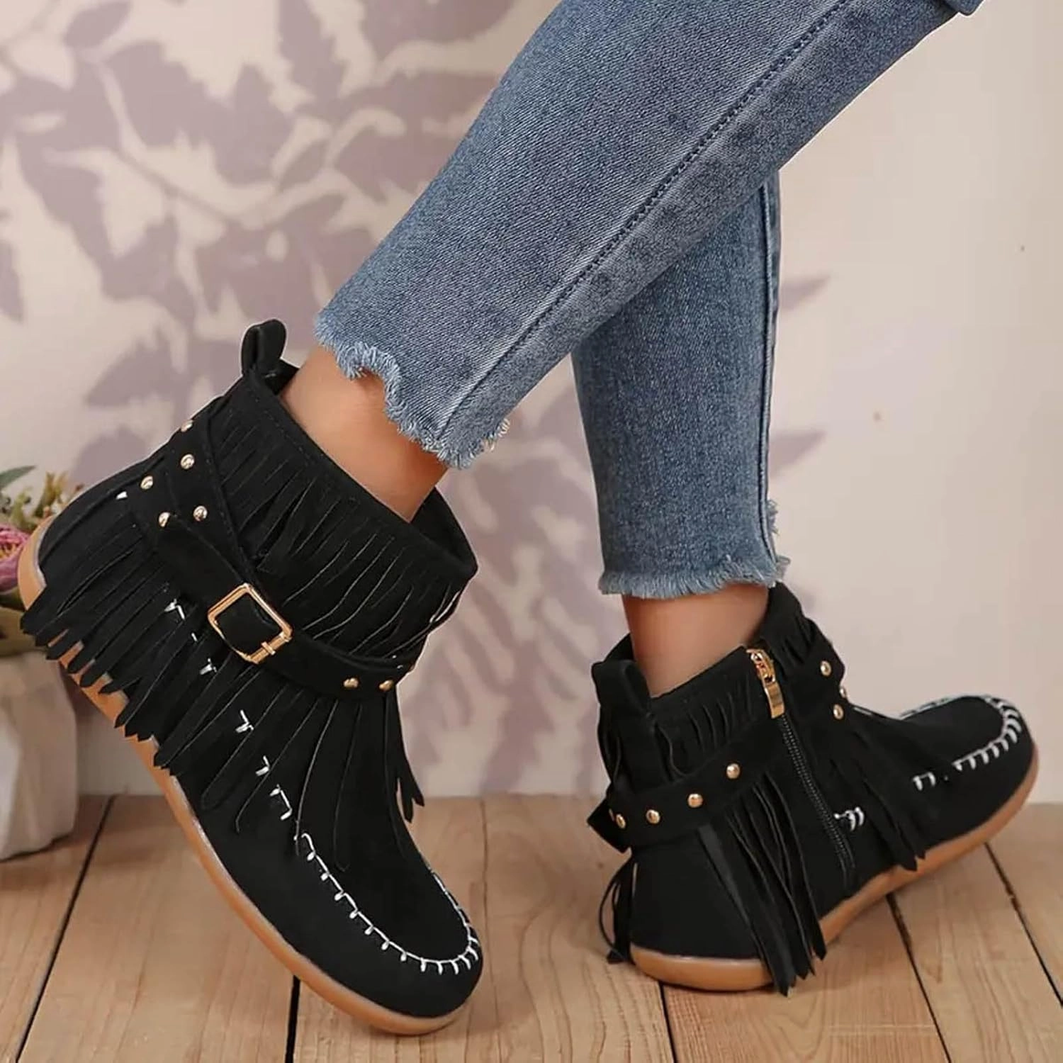 Roofers Boots Boots for Women Ankle Booties Western Boots Women Fashion Fringe Boots Tassel Flock Lace up Fall Boots for Women