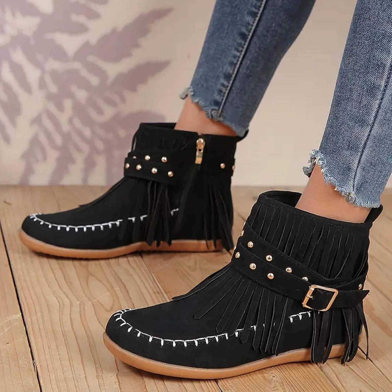 Boots for Women Ankle Booties Western Boots Women Fashion Fringe Boots Tassel Flock Lace up Fall Boots for Women Sas Boots