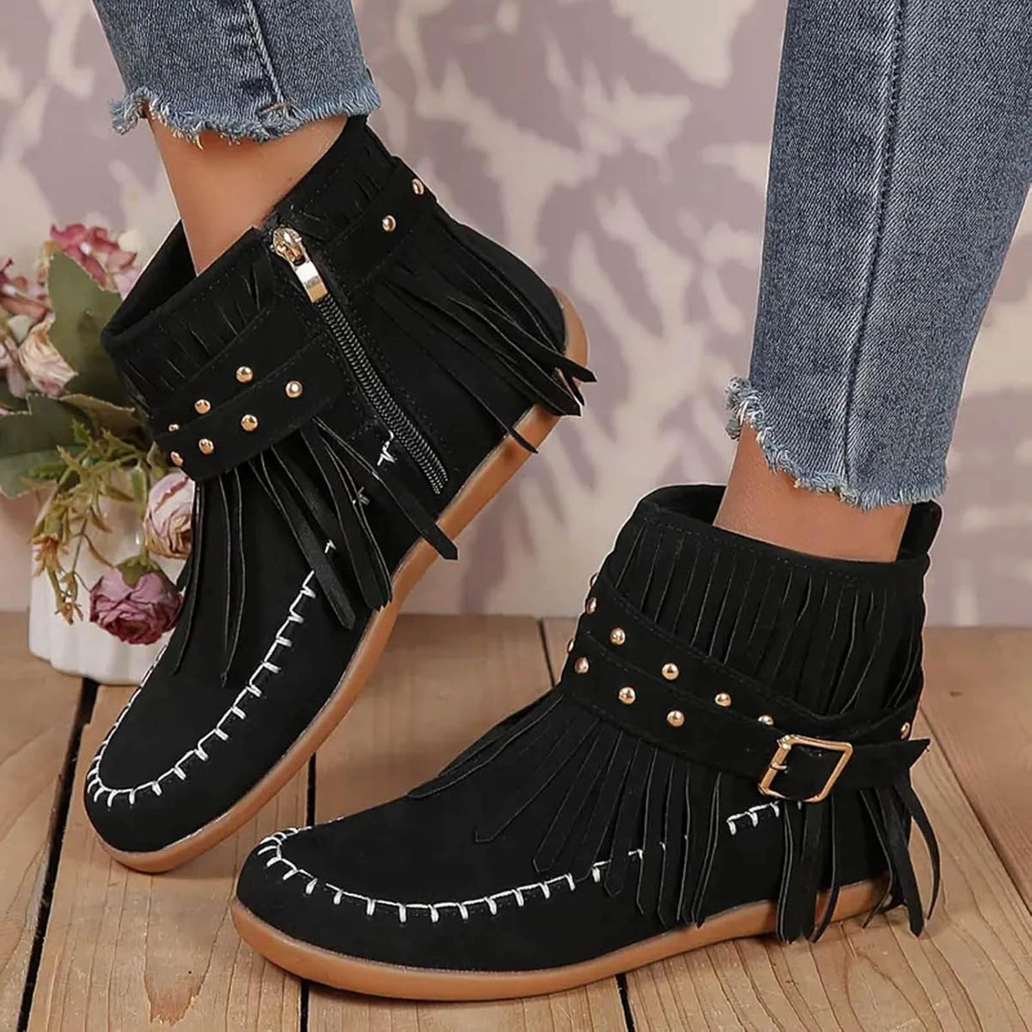 Ostrich Skin Cowgirl Boots Boots for Women Ankle Booties Western Boots Women Fashion Fringe Boots Tassel Flock Lace up Fall Boots for Women