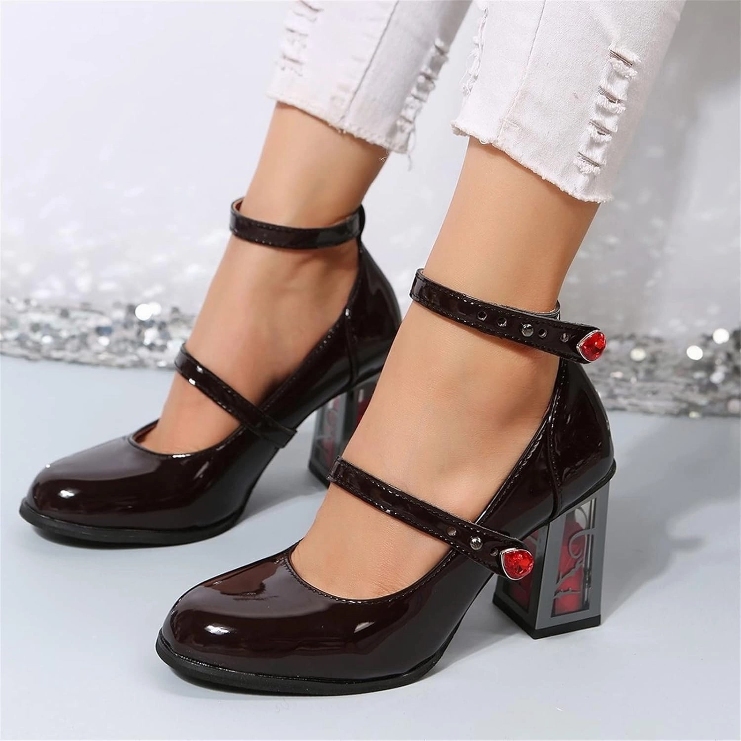 Womens Goth Punk Chunky Heels Pumps Patent Leather Mary Jane Shoes with Ankle Strap Rose High Heel Dress Party Shoes Boots Outlet