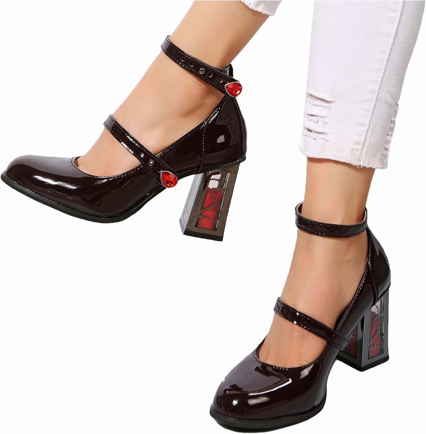 Womens Goth Punk Chunky Heels Pumps Patent Leather Mary Jane Shoes with Ankle Strap Rose High Heel Dress Party Shoes Roper Cowboy Boots