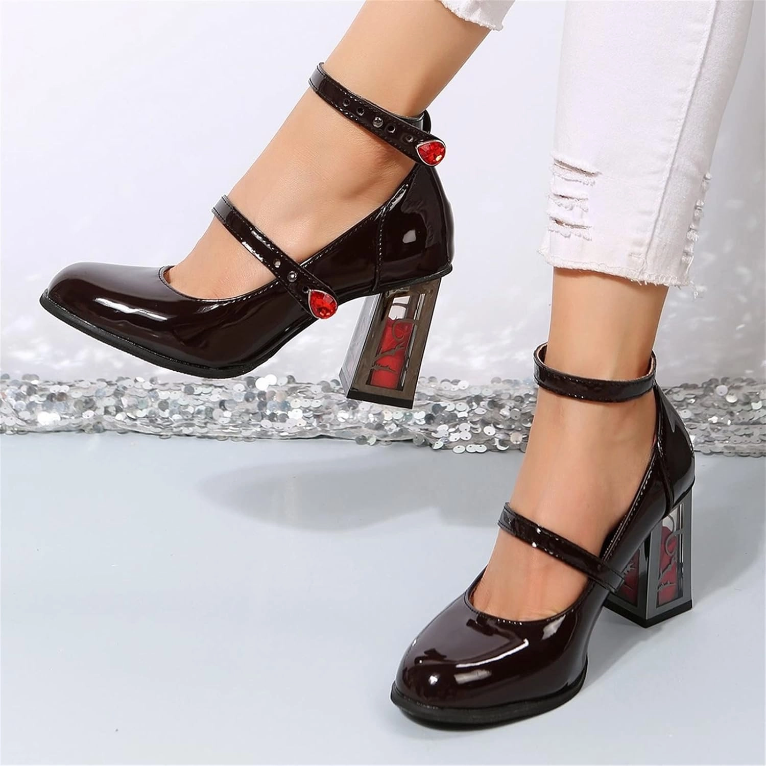 Waterproof Moto Boots Womens Goth Punk Chunky Heels Pumps Patent Leather Mary Jane Shoes with Ankle Strap Rose High Heel Dress Party Shoes
