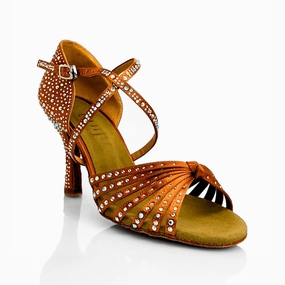 Joya - Strappy Knot Crystal 3.5" Latin Performance Dance Shoes (Suede Sole) Wooden High Heel Wedges