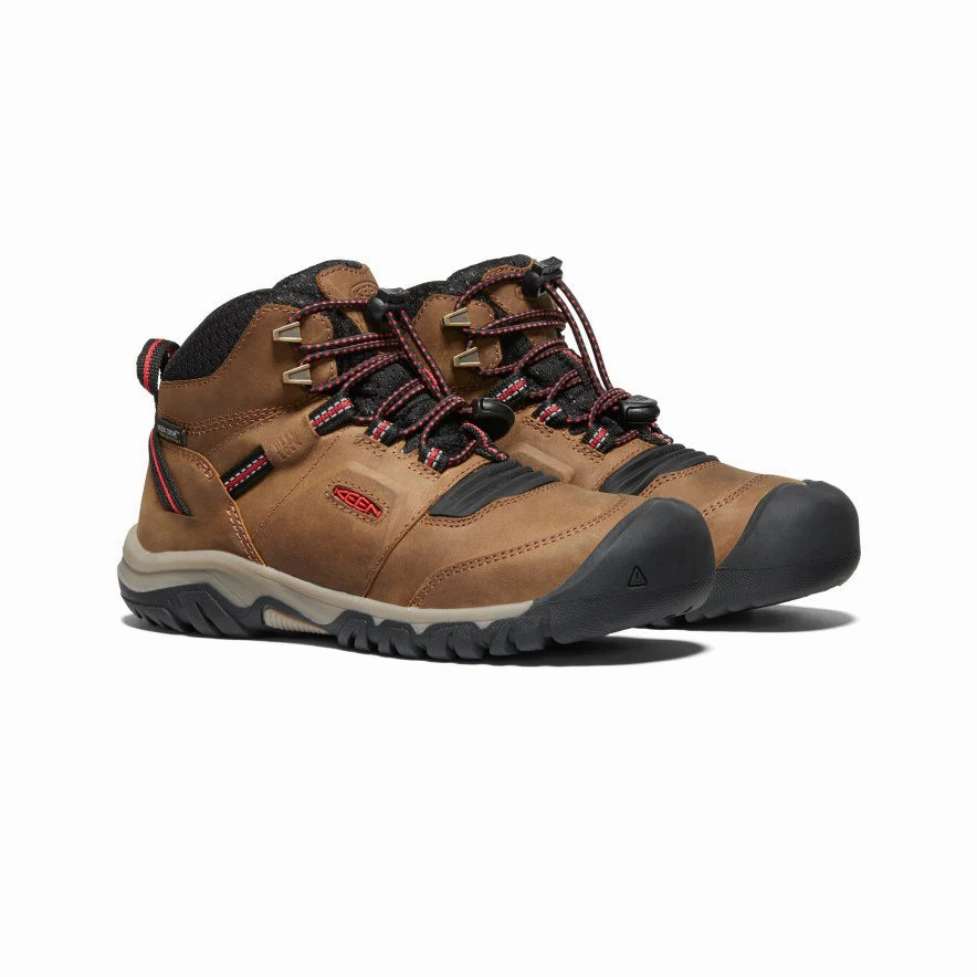 Keen Youth Ridge Flex Mid Waterproof Boot (Sizes 1 - 7) - Bison/Red Carpet Waterproof Hiking Shoes Boots