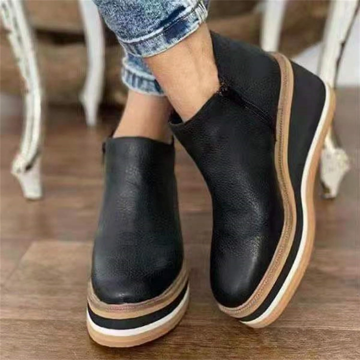 Women's Wedge Ankle Boots Fashion Side Zipper Wedge Leather Booties Basel Ankle Bootie Solid Chelsea Boots All-Match Shoes Puss In Boots The Three Diablos