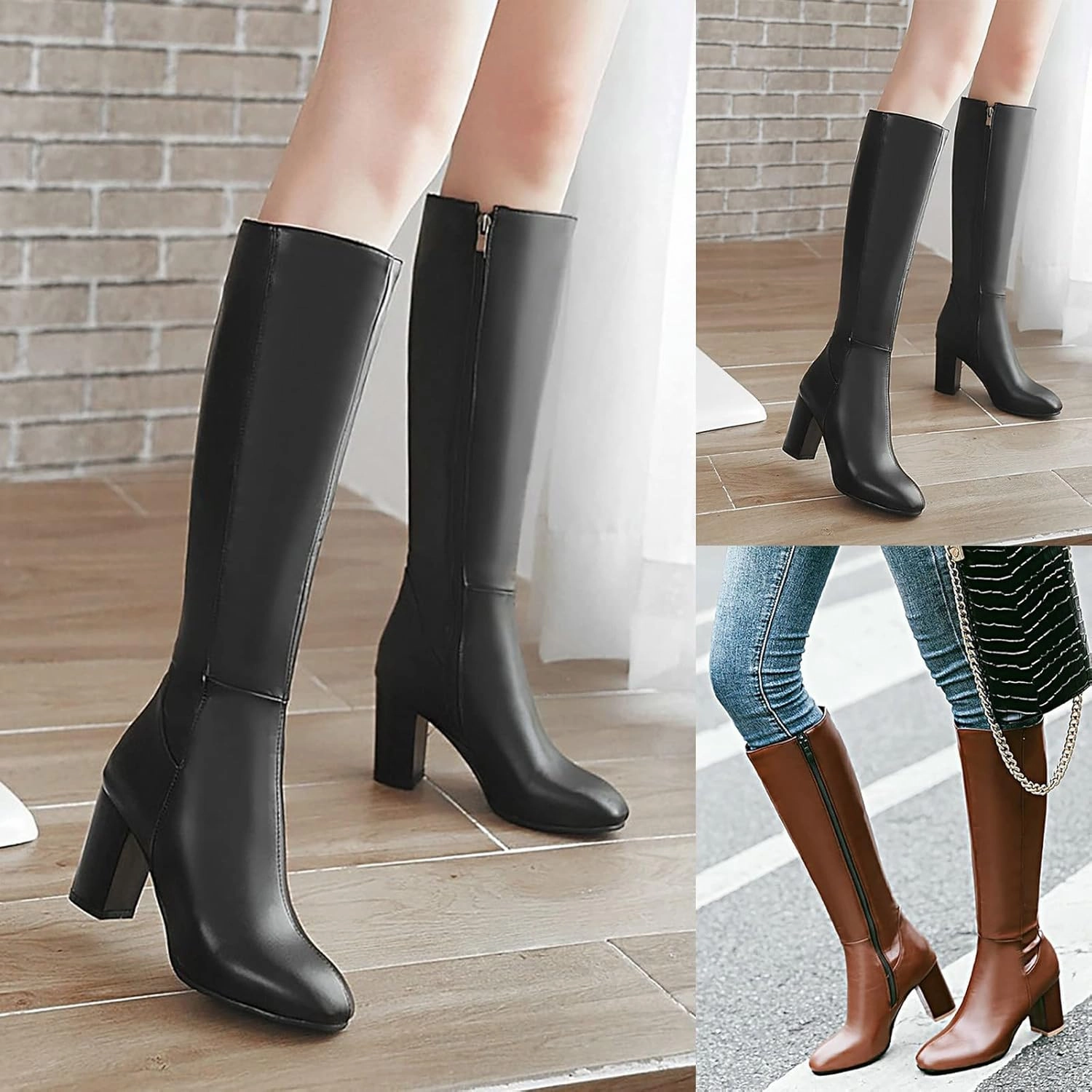 Boots And Saddles Knee High Boots Women Black Combat Boots Women's Thick Heel High Heel Square Head Fashionable Comfortable Boots