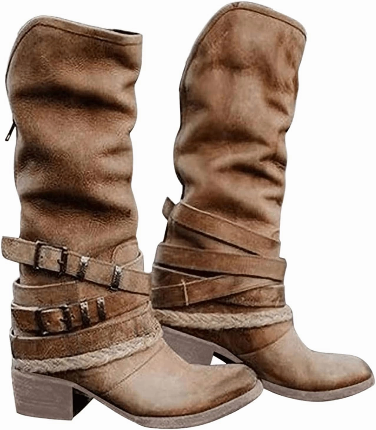 Ladmiple Cowboy Boots For Women Wide Calf Wide Foot Pull-On Chunky Stacked Heel Mid Heel Knee High Cowgirl Western Boots High Heel Sneakers