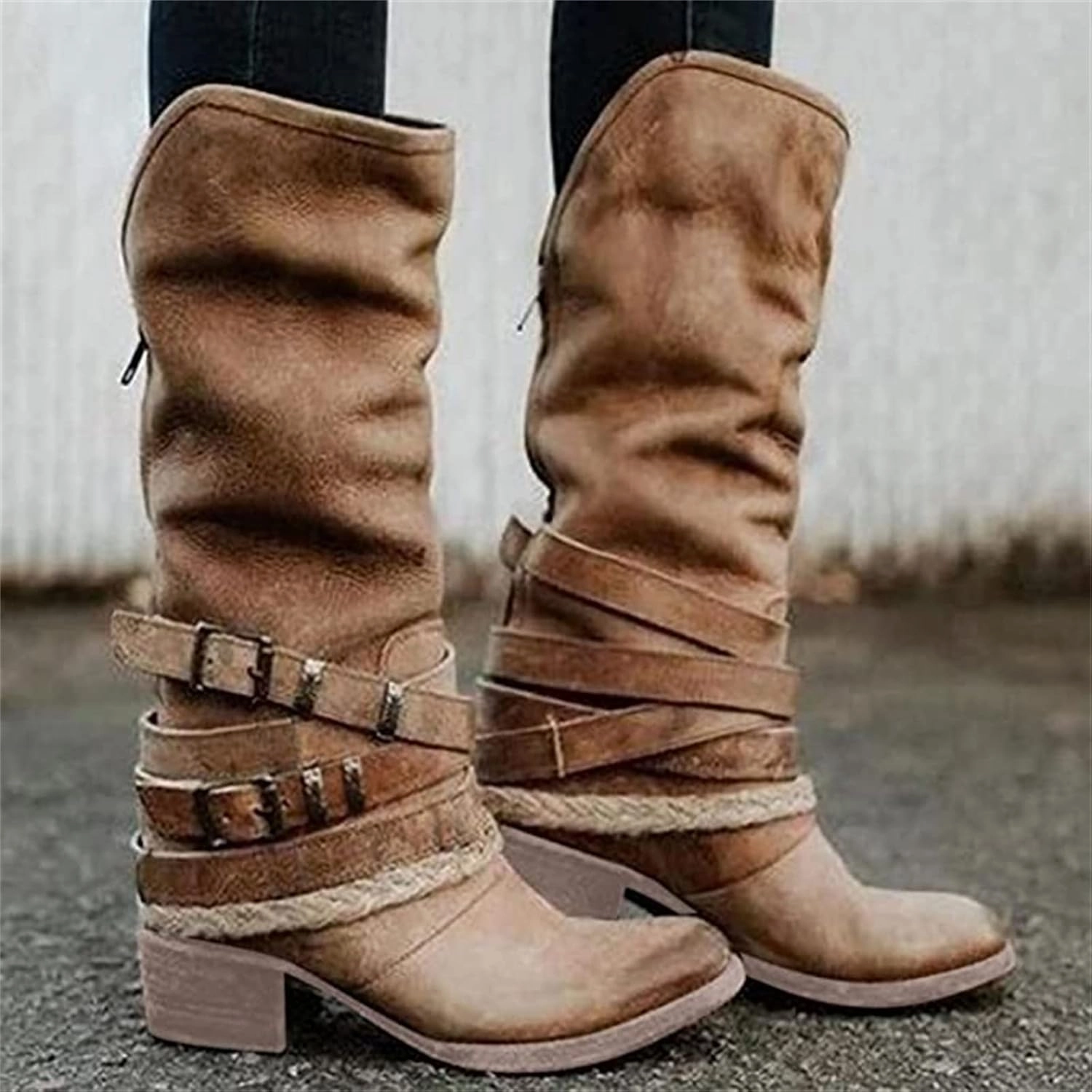 Ladmiple Cowboy Boots For Women Wide Calf Wide Foot Pull-On Chunky Stacked Heel Mid Heel Knee High Cowgirl Western Boots Smelly Sneakers Cure