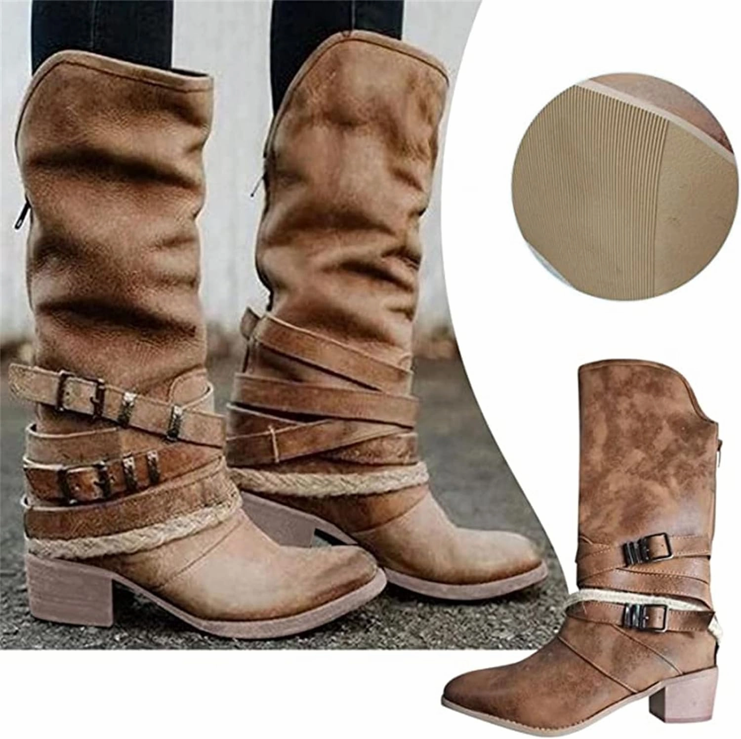 Ladmiple Cowboy Boots For Women Wide Calf Wide Foot Pull-On Chunky Stacked Heel Mid Heel Knee High Cowgirl Western Boots Gear Light Up Sneakers