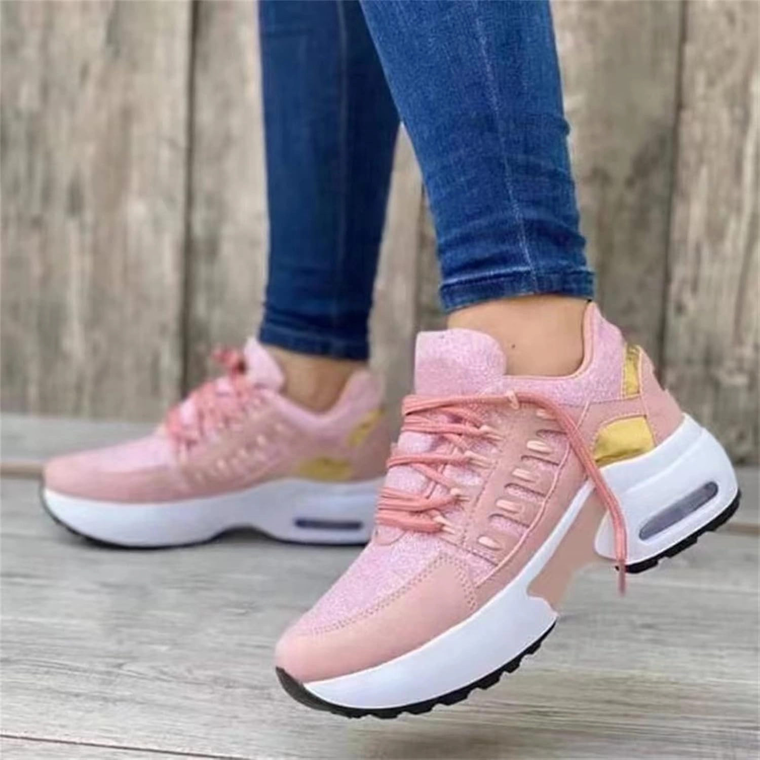 Tan Sneakers Ladmiple Shoes For Women Sneakers Trendy Slip On Walking Shoes Non Slip Running Shoes Gym Fashion Platform Tennis Shoes