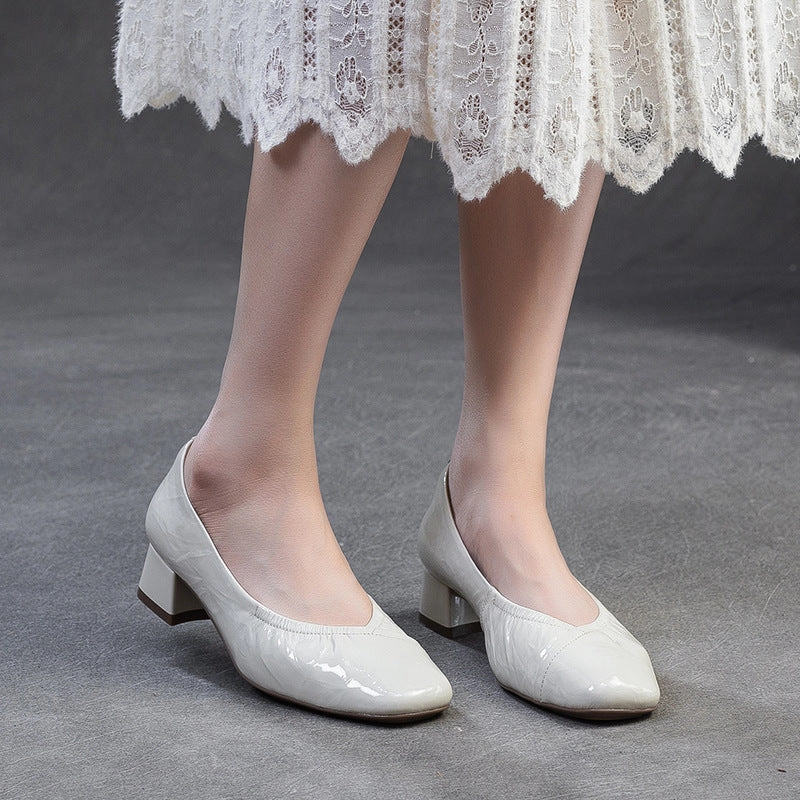 Women's Plain Leather Low Top Chunky Heel Pumps Lace Up Pointed Shoes