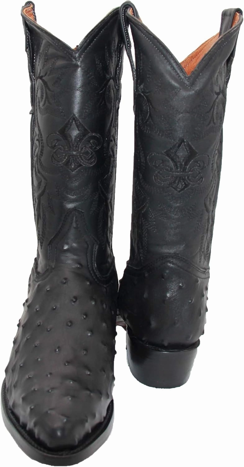 Western Shops Mens Leather Ostrich Quill Print Western Cowboy Boots Thick Heel Boots