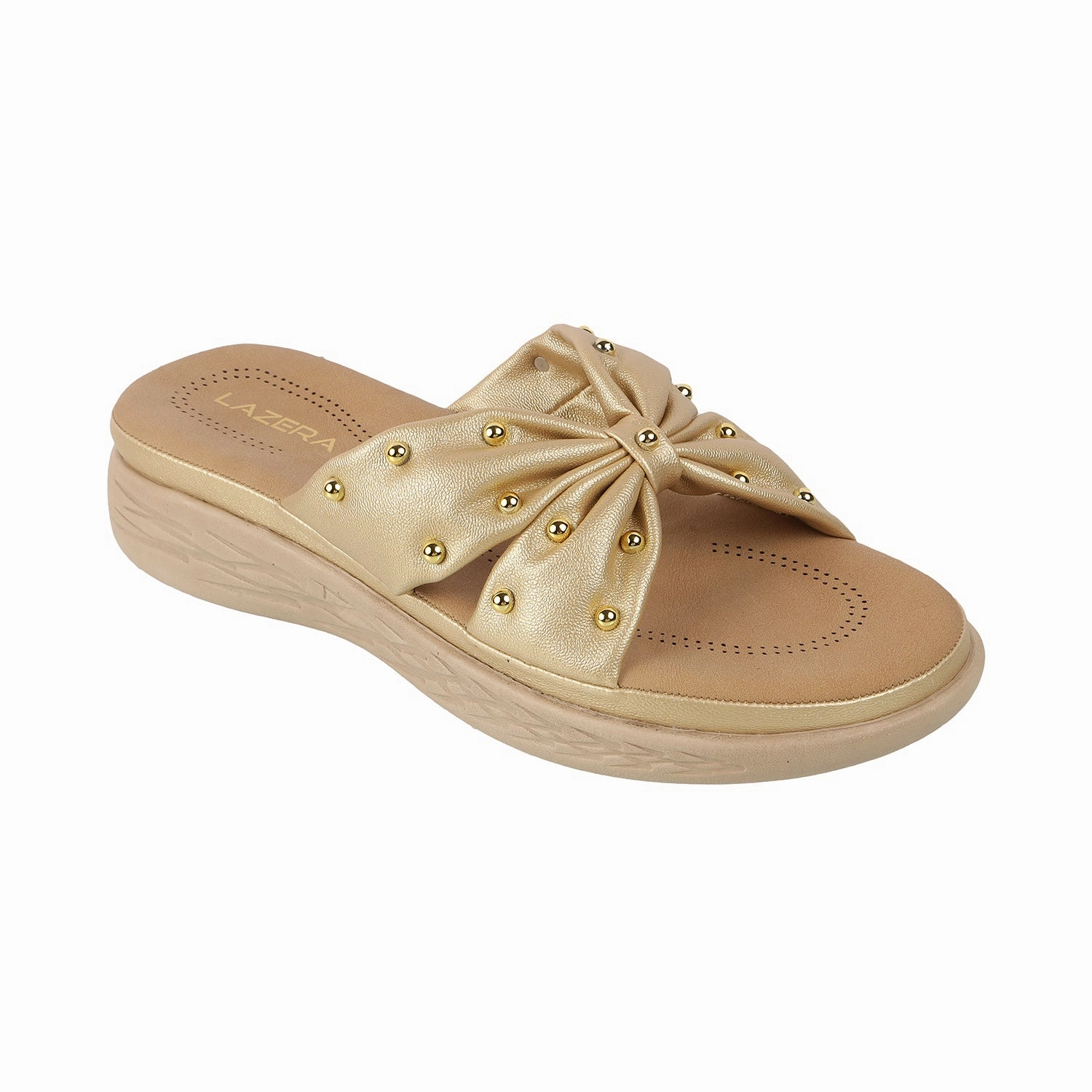 Style Checkerboard Slip On Lazera Women's Bow Design Gold Wedge Slippers (1536)