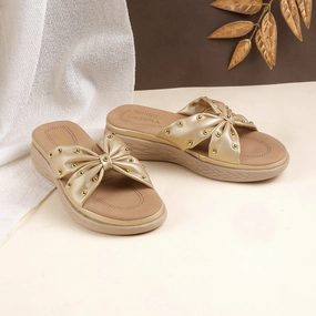 Slip On Waterproof Work Boots Lazera Women's Bow Design Gold Wedge Slippers (1536)