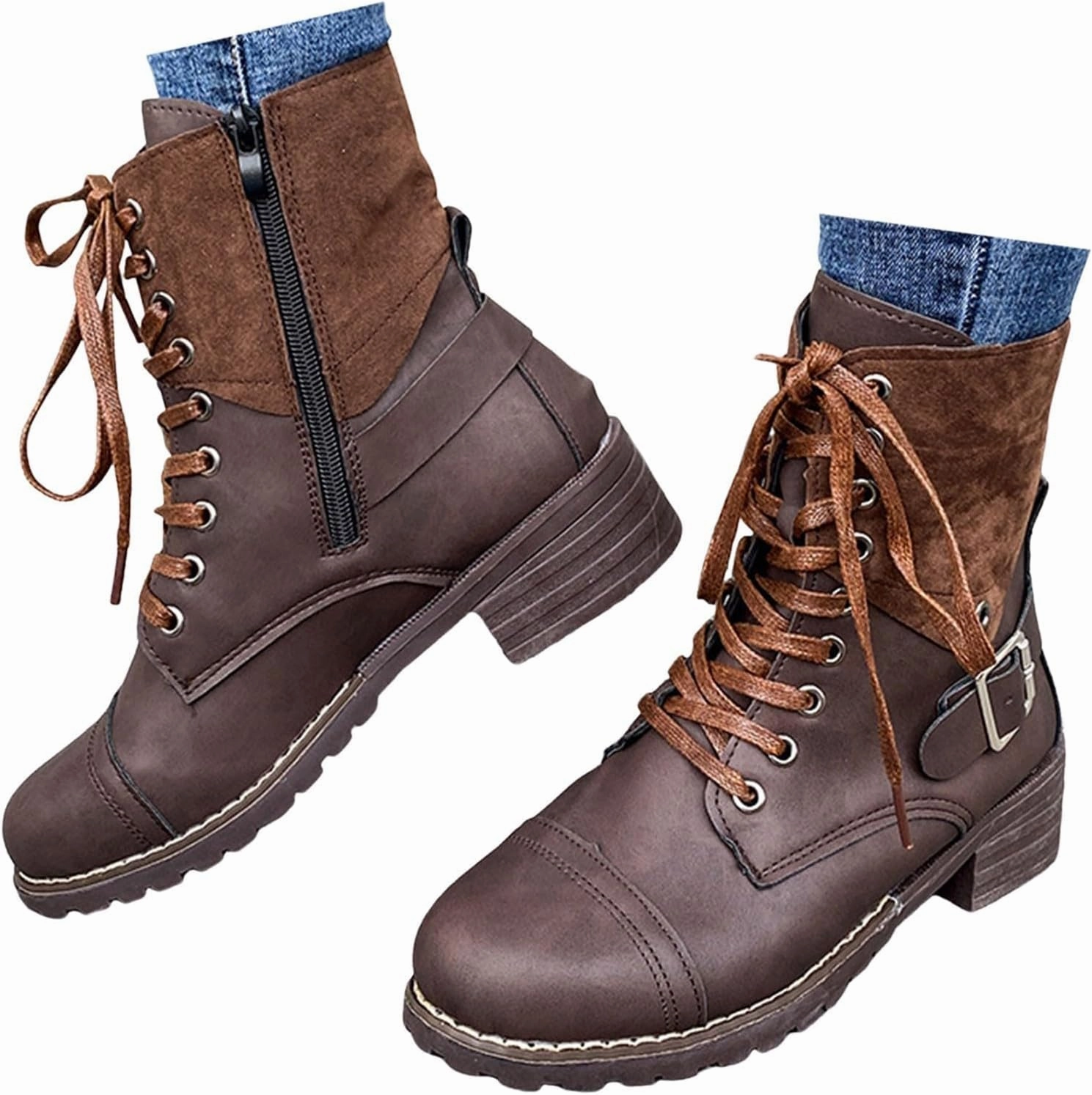 Women Combat Boots Low Heel Women Boots Ankle Boots Western Casual Lace up Round Toe Side Zipper with Buckle Boots Lightning Boots