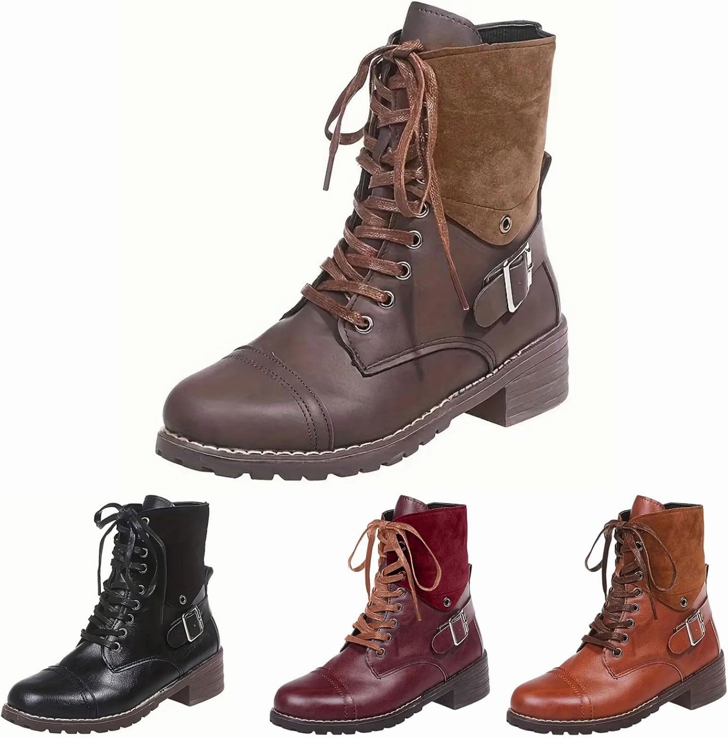 Women Combat Boots Low Heel Women Boots Ankle Boots Western Casual Lace up Round Toe Side Zipper with Buckle Boots Slip On Leather Boots