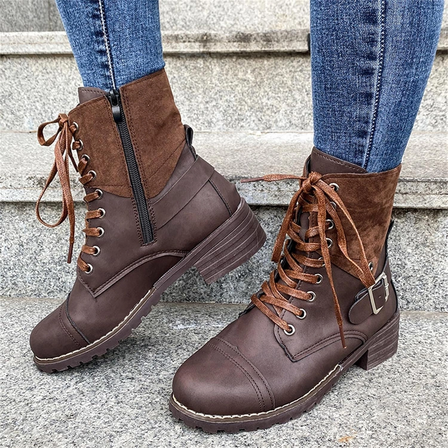 Women Combat Boots Low Heel Women Boots Ankle Boots Western Casual Lace up Round Toe Side Zipper with Buckle Boots Lace Up Heel Boots