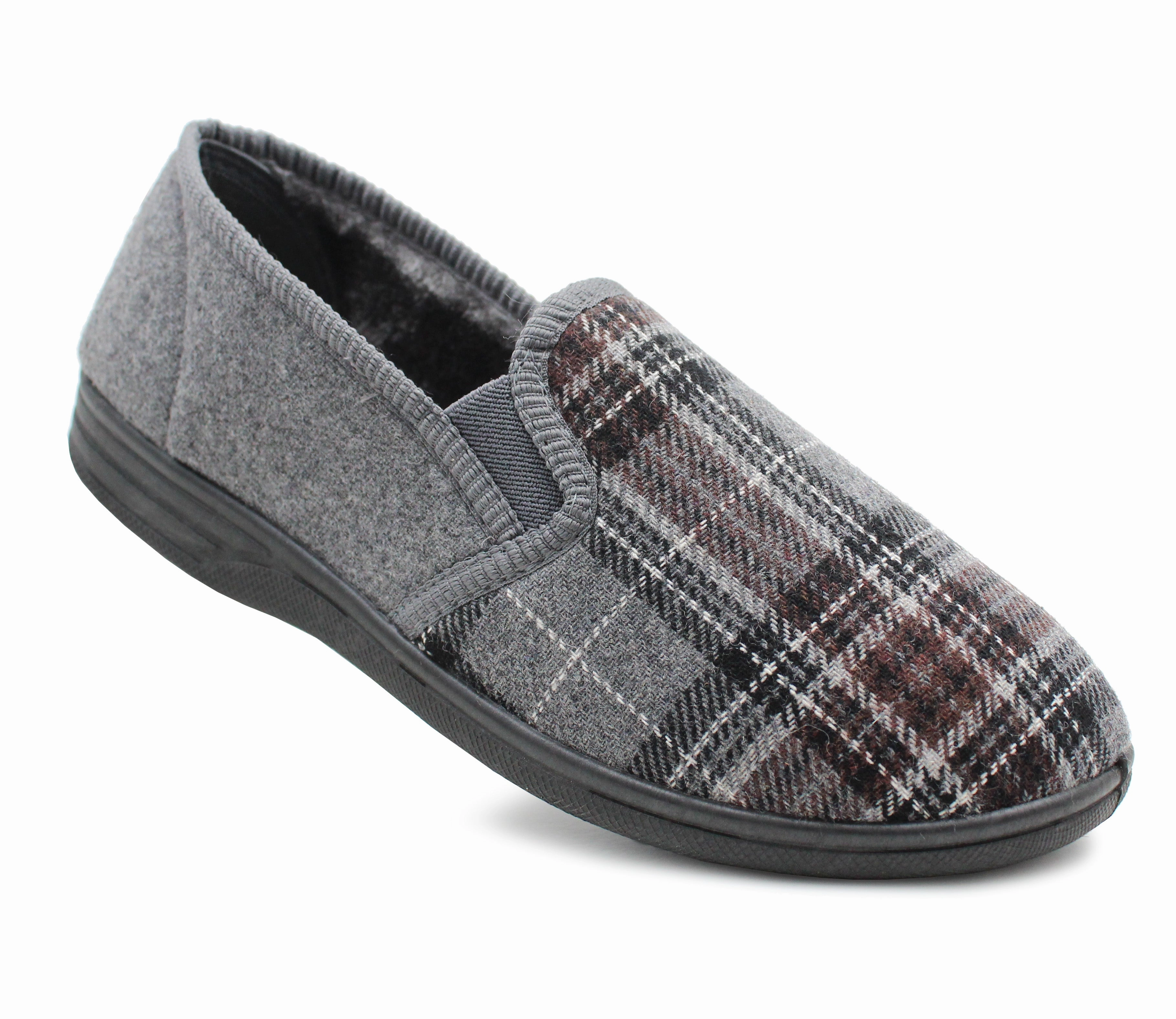Mens Slip On Grey Check Faux Fur Lined Warm Winter Slippers Wabi Slippers