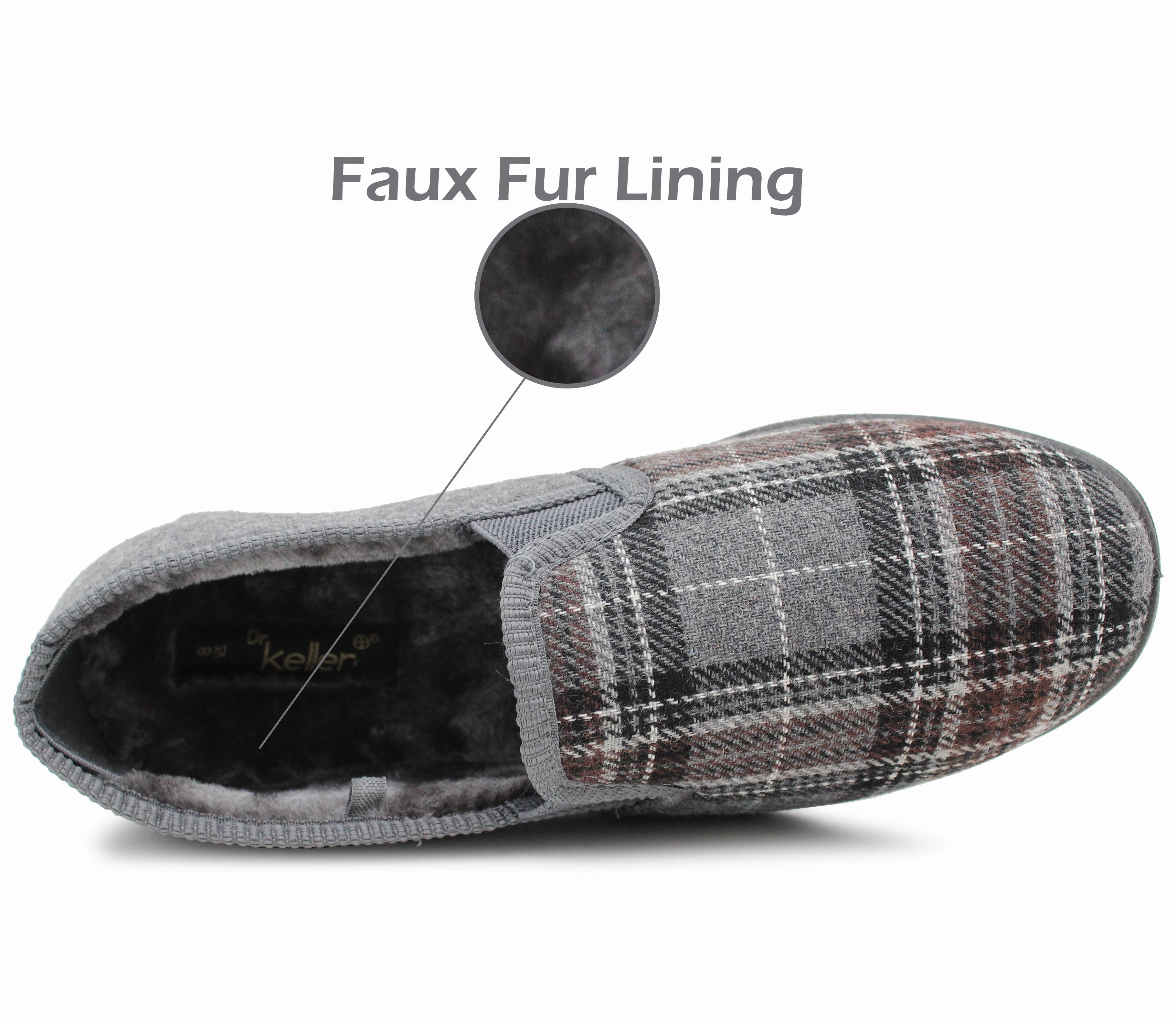 Orthopedic Bedroom Slippers Mens Slip On Grey Check Faux Fur Lined Warm Winter Slippers
