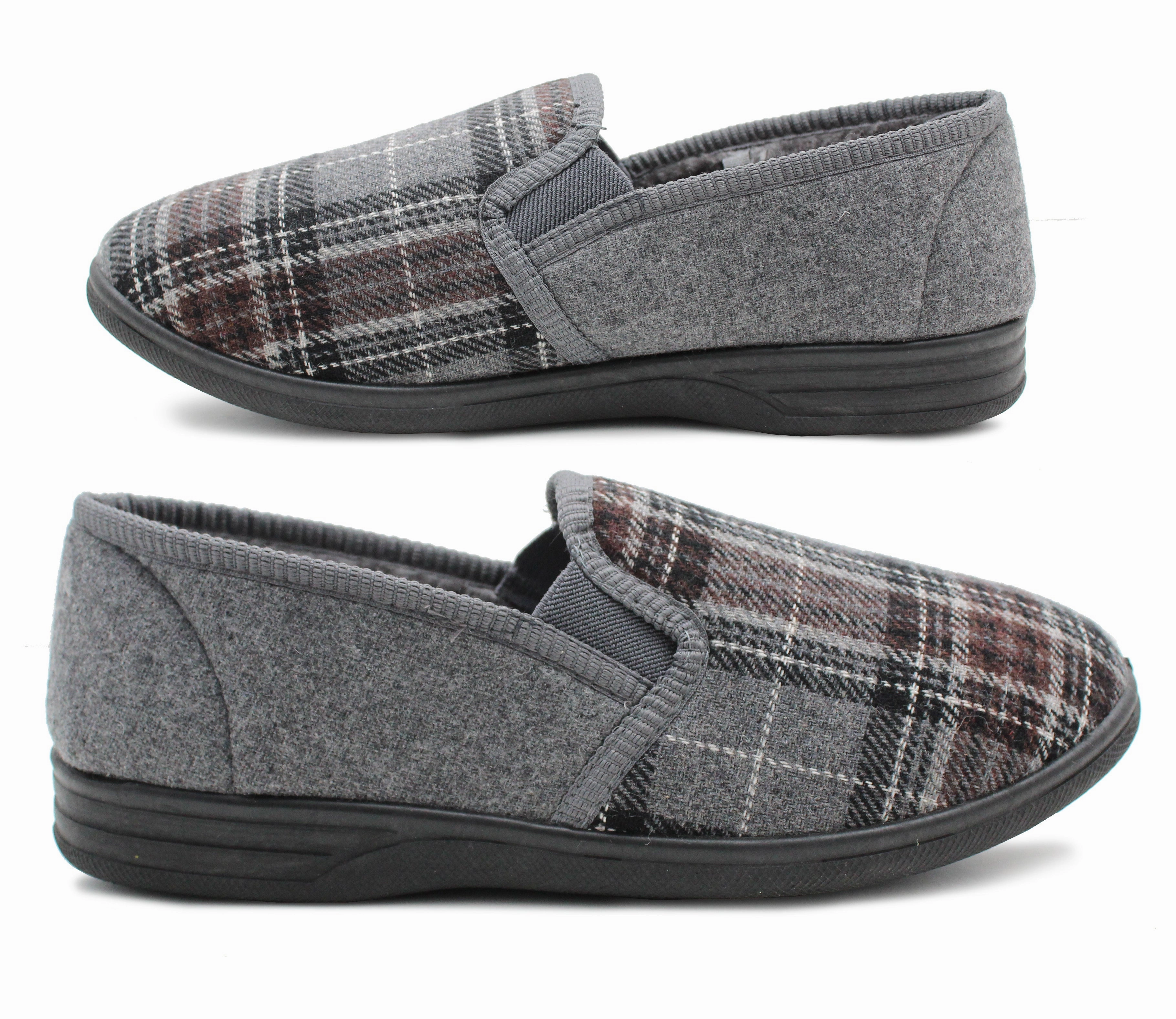 Mens Slip On Grey Check Faux Fur Lined Warm Winter Slippers Marshmallow Slippers