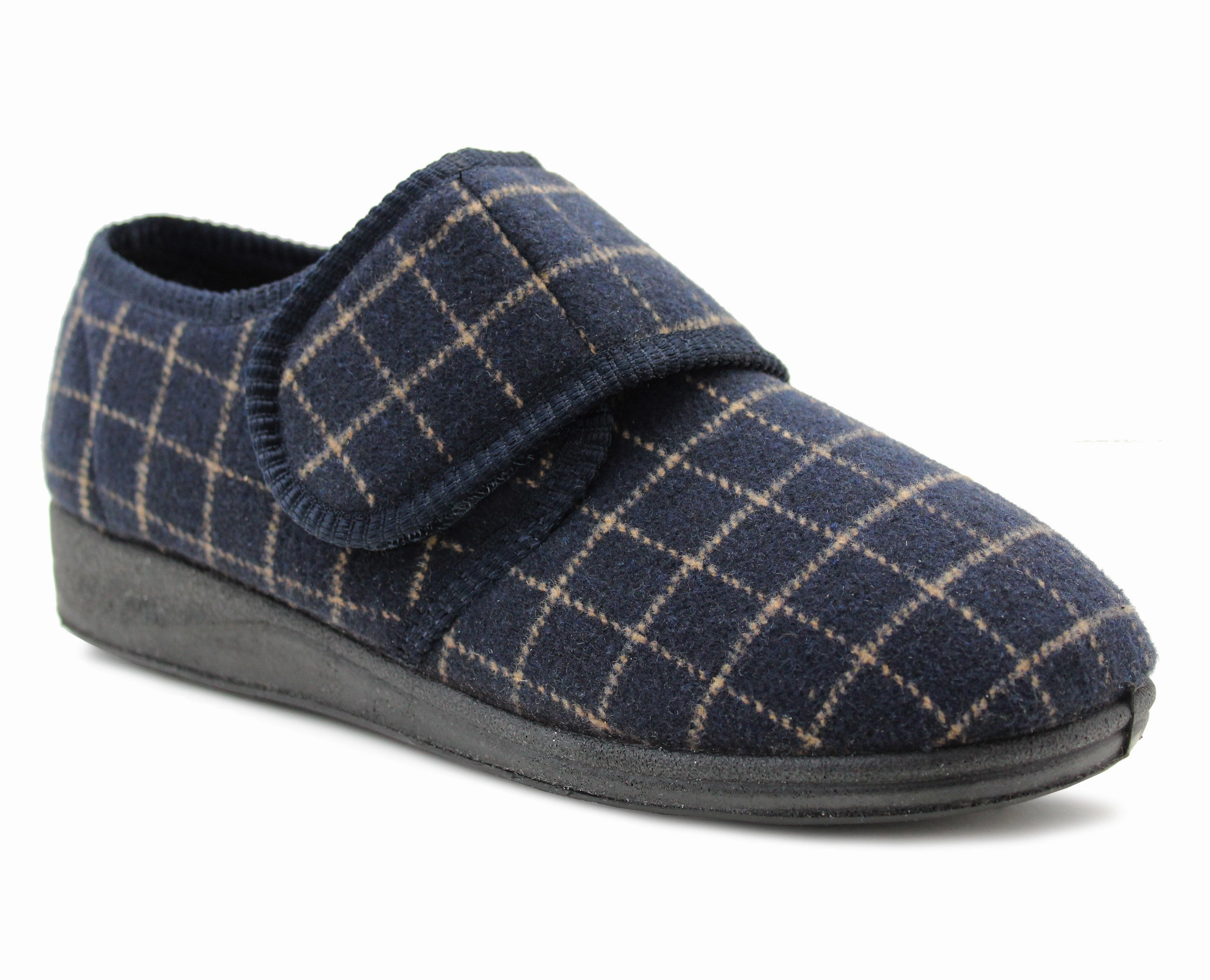 Mens Extra Wide Fitting EEE Slippers Memory Foam Touch Fasten Easy Wear Diabetic Orthopaedic Check Bedroom House Shoes Golden Slippers Lyrics