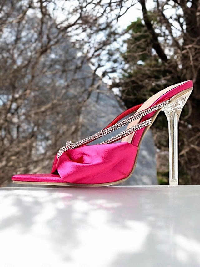 Heeled Rhinestone Sandals Bow Satin Women's  Hot Pink Clogs Sandals