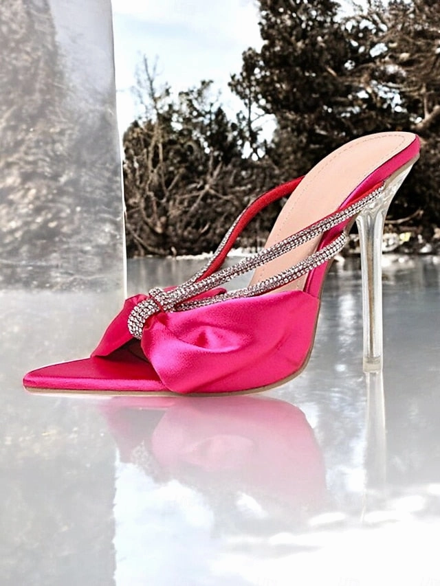 Heeled Rhinestone Sandals Bow Satin Women's  Hot Pink Swimming Sandals