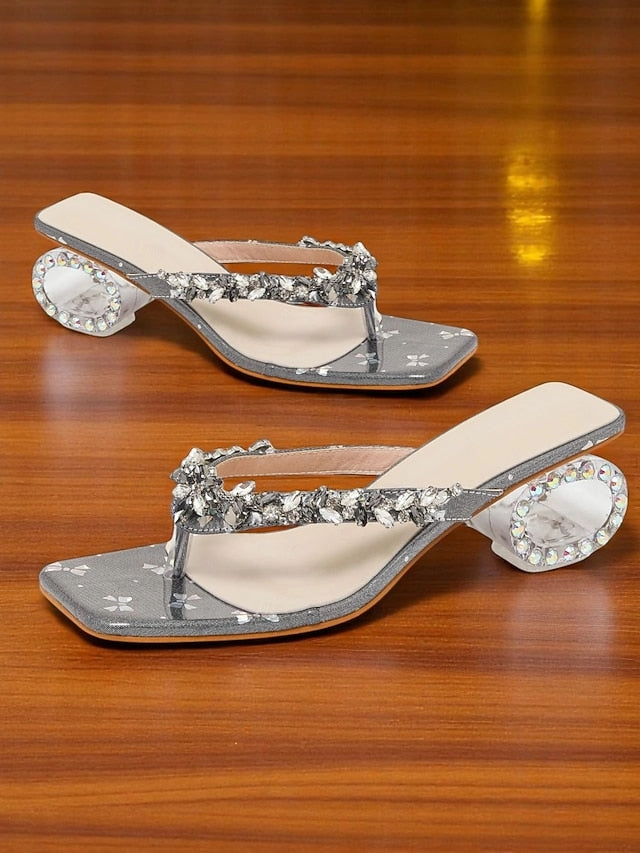 Women's Silver Open Heels Rhinestone Sparkly Toe - Sandals Sandals With Wedge