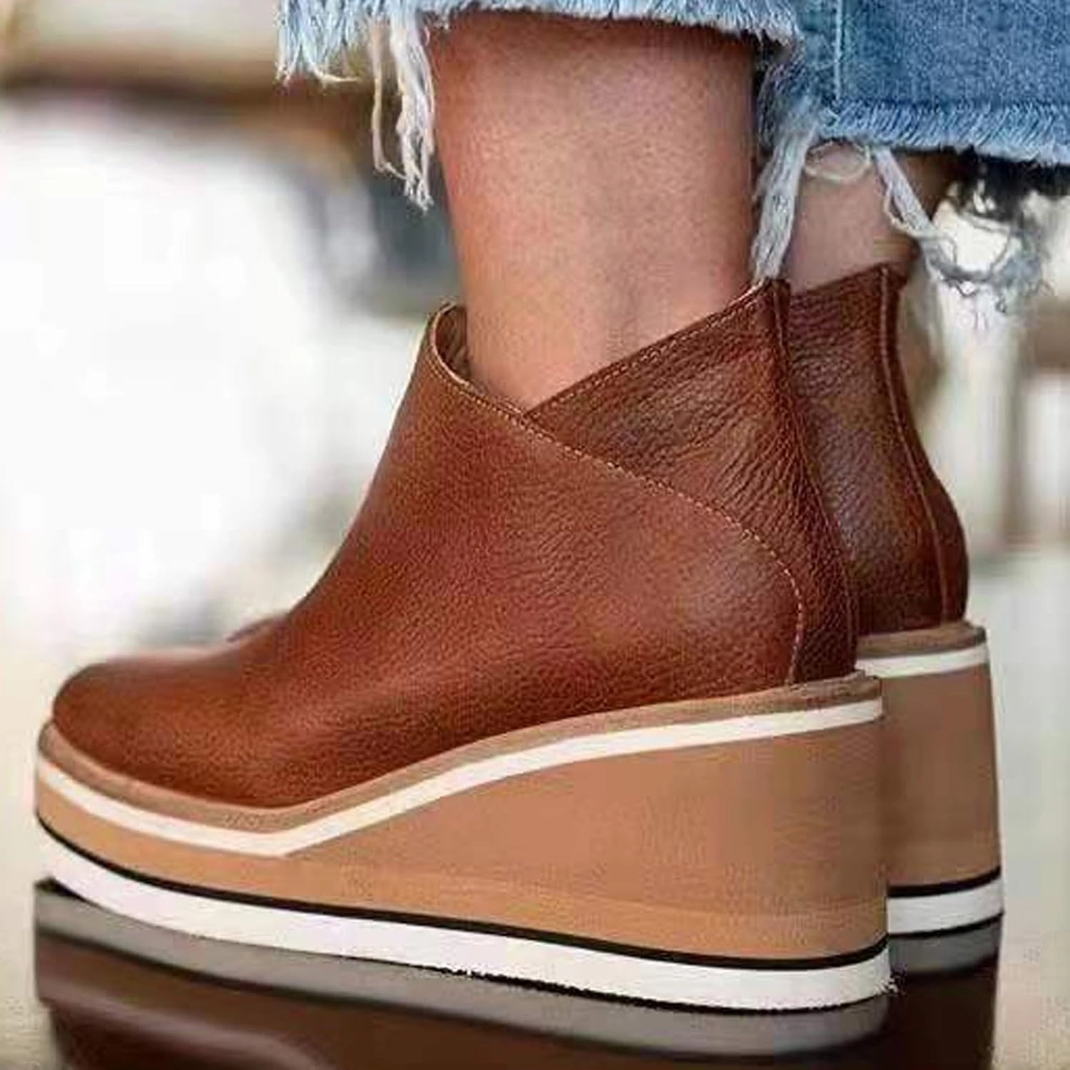 John Varvatos Usa Boots Women's Wedge Ankle Boots Fashion Side Zipper Wedge Leather Booties Basel Ankle Bootie Solid Chelsea Boots All-Match Shoes