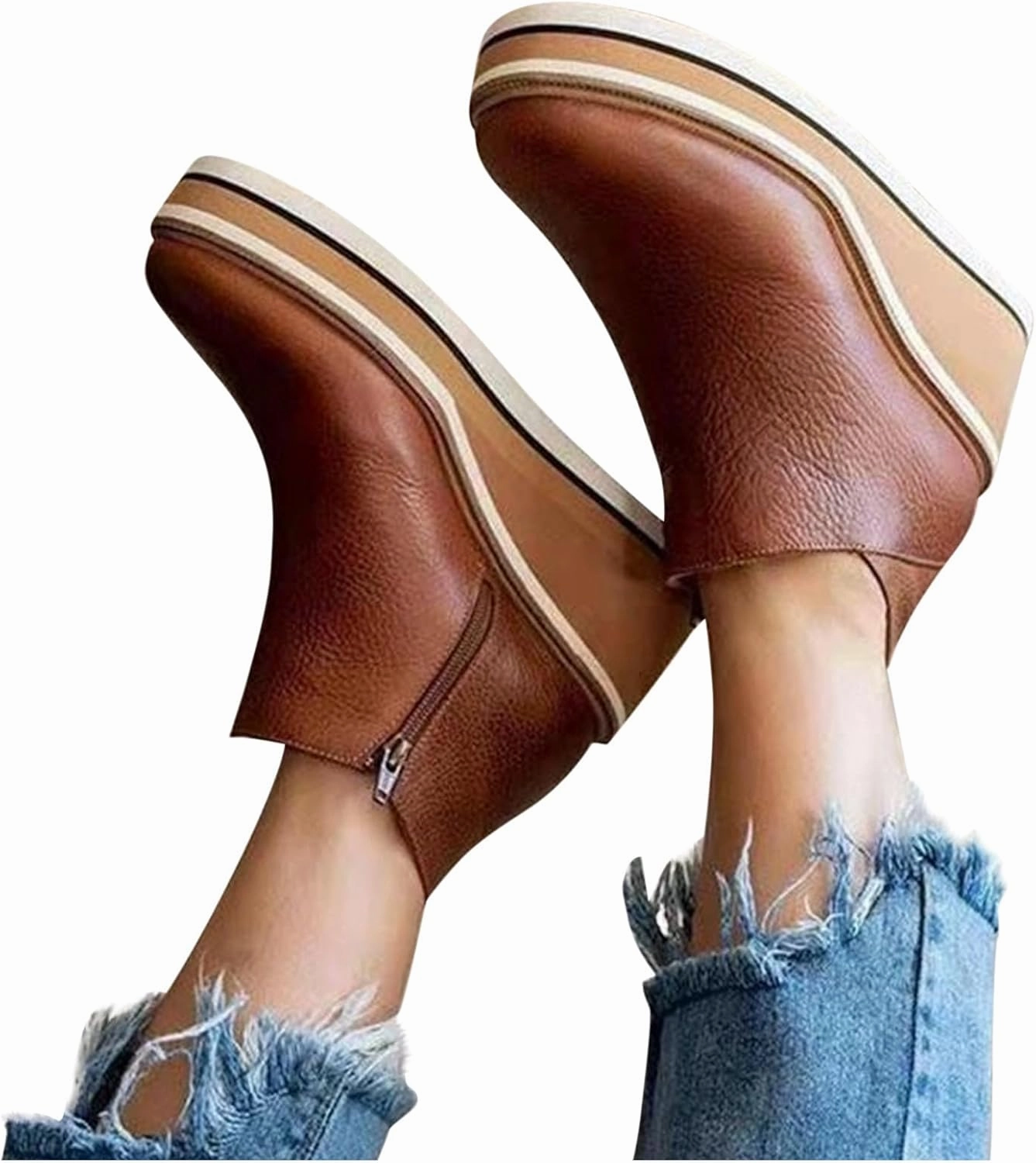 Women's Wedge Ankle Boots Fashion Side Zipper Wedge Leather Booties Basel Ankle Bootie Solid Chelsea Boots All-Match Shoes Clarks Chukka Boots