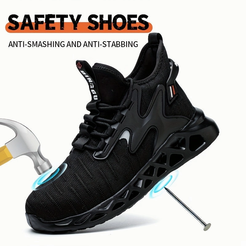 Men's Puncture Proof Steel Toe Anti-smash Non-Slip Shock Absorbing Work Safety Shoes, Lightweight Fly Woven Safety Shoes For Men, Anti-smashing And Anti-piercing Steel Toe Shoes Rock Climbing Shoes On Feet
