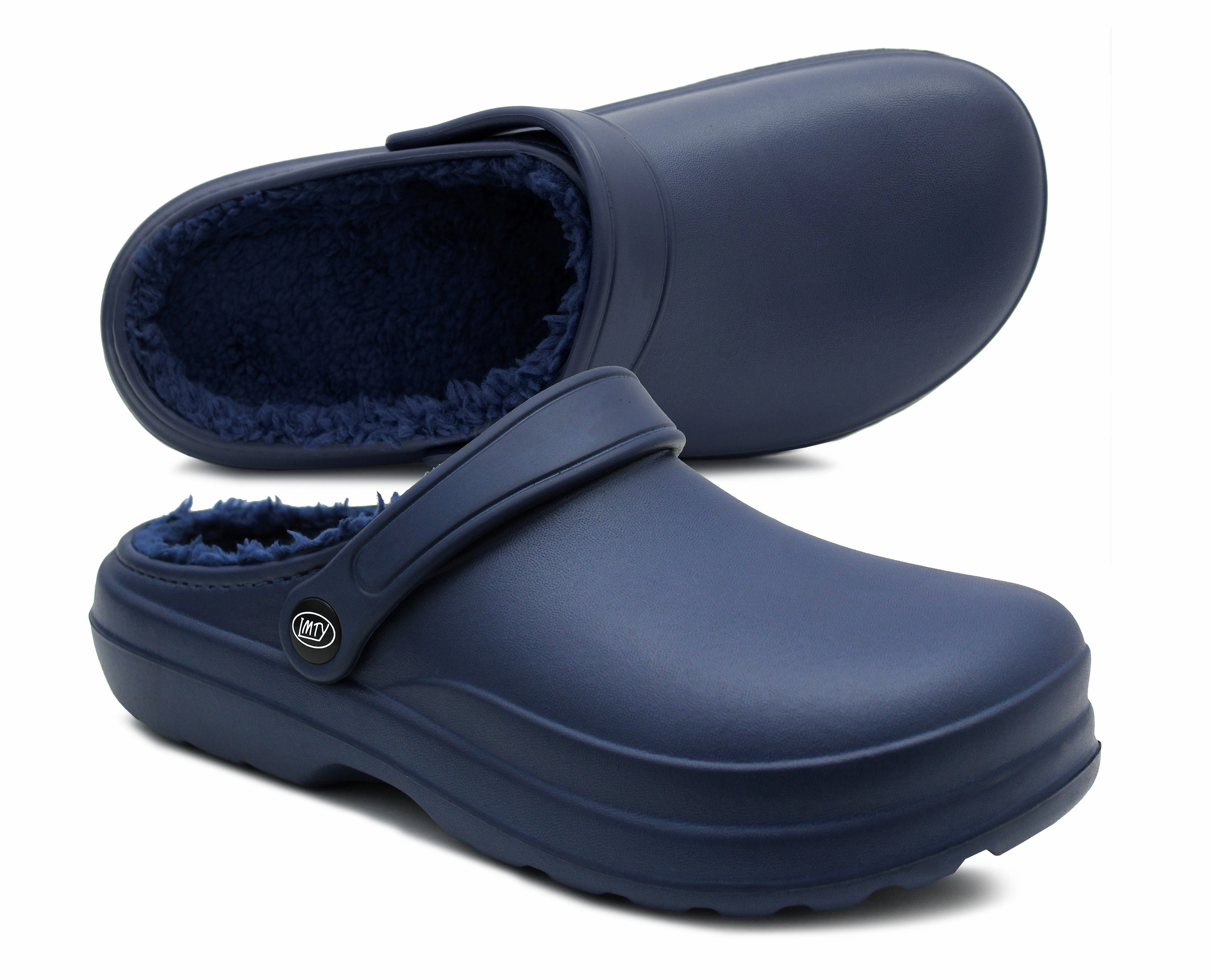 Tazman Slippers Mens Clogs Warm Fleece Lined Navy Thermal Garden Clogs Waterproof Lightweight EVA Adjustable Faux Fur Slippers Hospital House Shoes