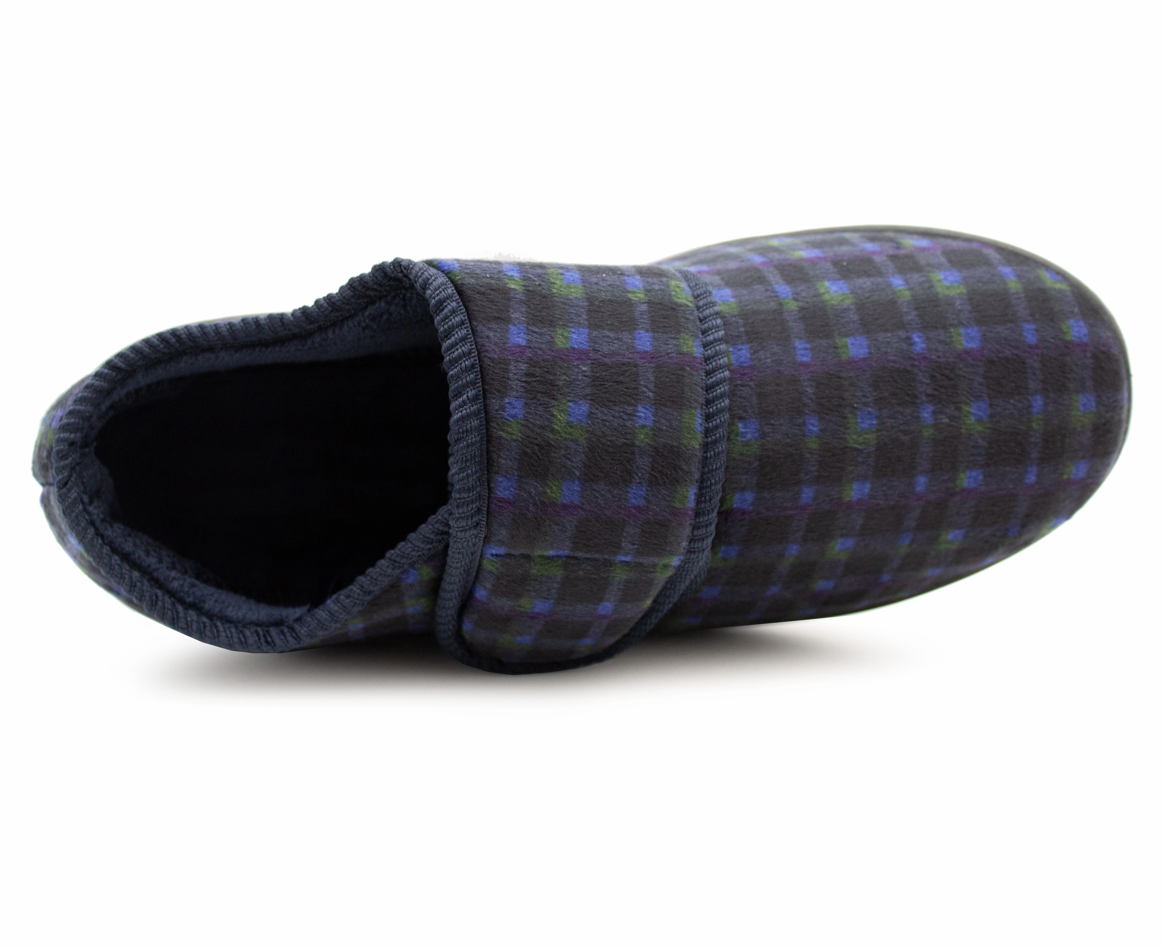 Mens Wide Fit Touch Fasten Slippers Navy Check Fleece Lined Comfort Diabetic Wide Opening Orthopaedic Casual Checked Bedroom House Shoes Slippers With Hard Sole