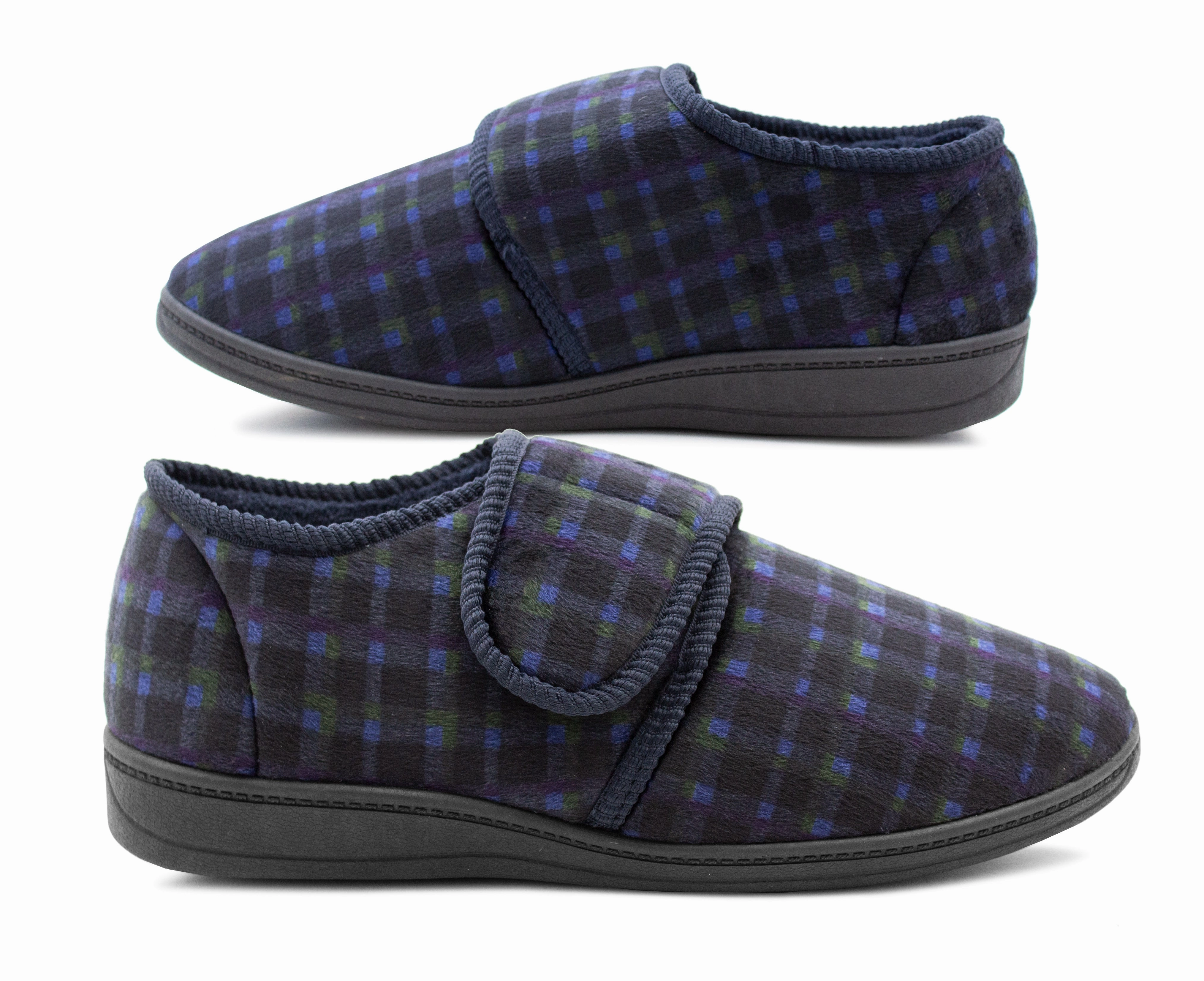 Geta Slippers Mens Wide Fit Touch Fasten Slippers Navy Check Fleece Lined Comfort Diabetic Wide Opening Orthopaedic Casual Checked Bedroom House Shoes