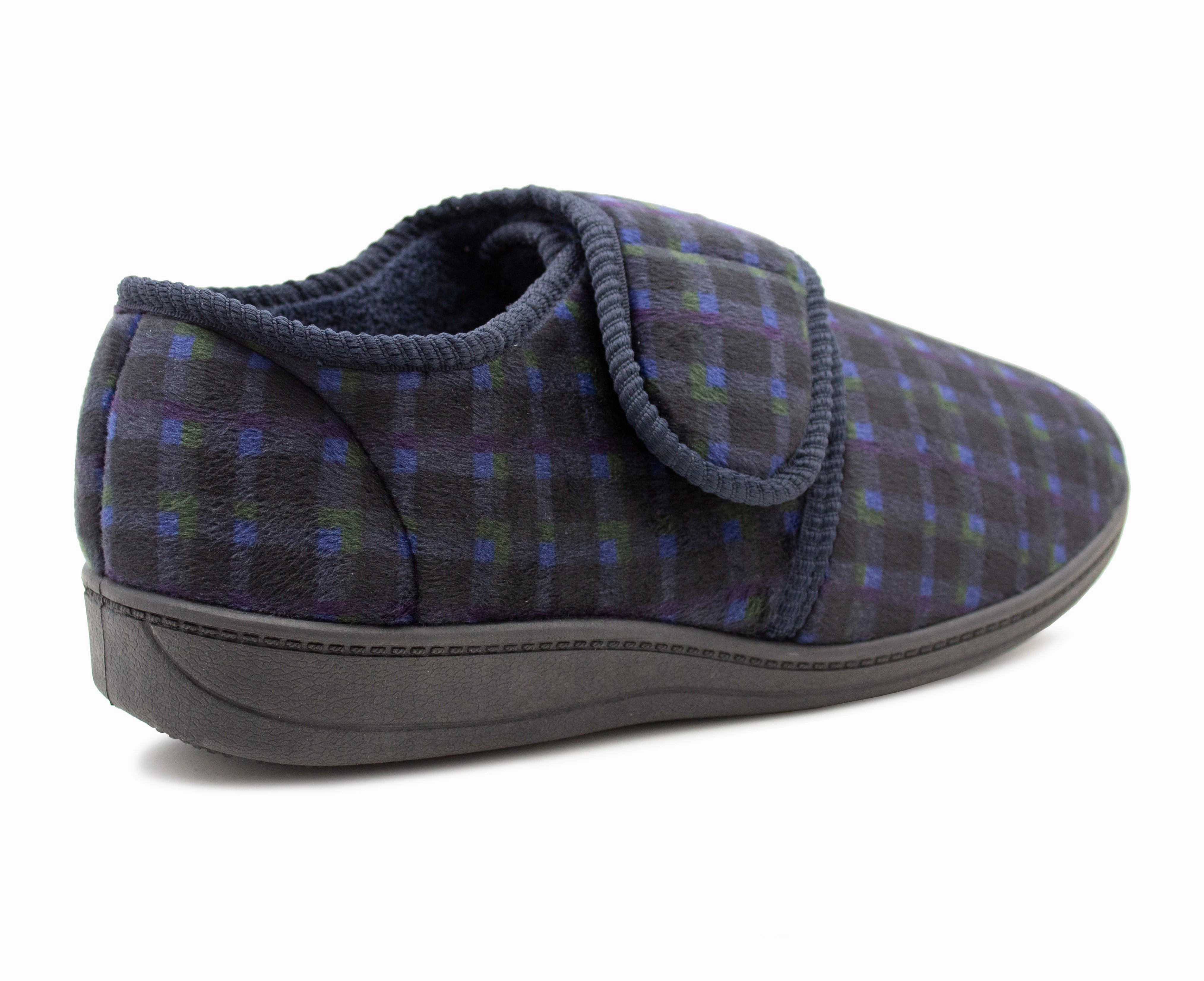 Chiikawa Slippers Mens Wide Fit Touch Fasten Slippers Navy Check Fleece Lined Comfort Diabetic Wide Opening Orthopaedic Casual Checked Bedroom House Shoes