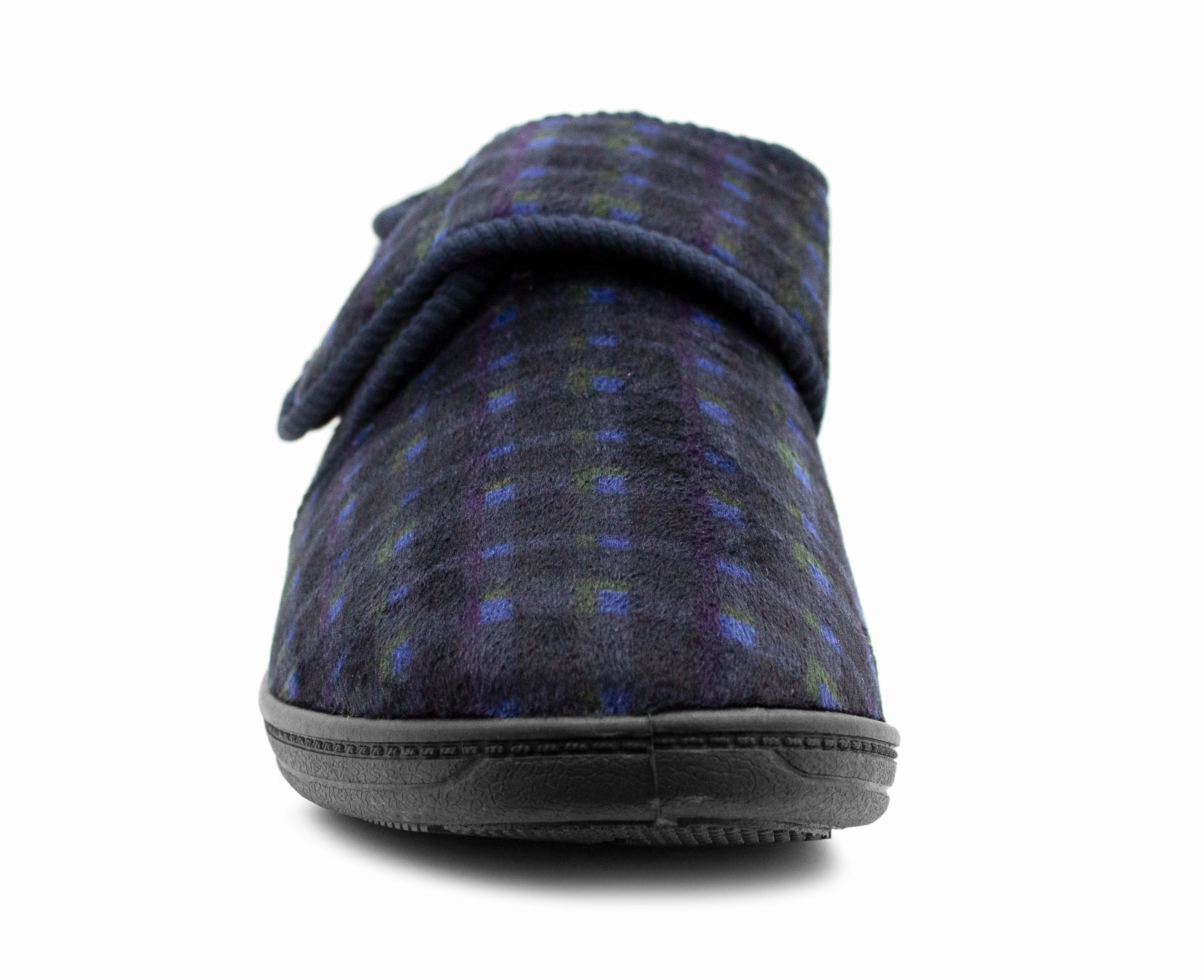 Felt Soled Slippers Mens Wide Fit Touch Fasten Slippers Navy Check Fleece Lined Comfort Diabetic Wide Opening Orthopaedic Casual Checked Bedroom House Shoes