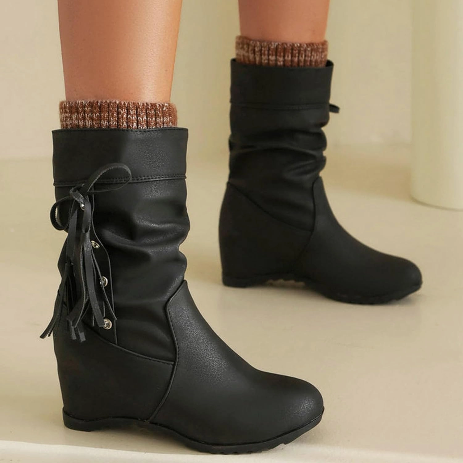 Mid Calf Booties for Women Fashion Office Leather Boots Almond Toe Western Cowgirl Cowboy Bootie Solid Casual Fall Short Boots Harley Boots