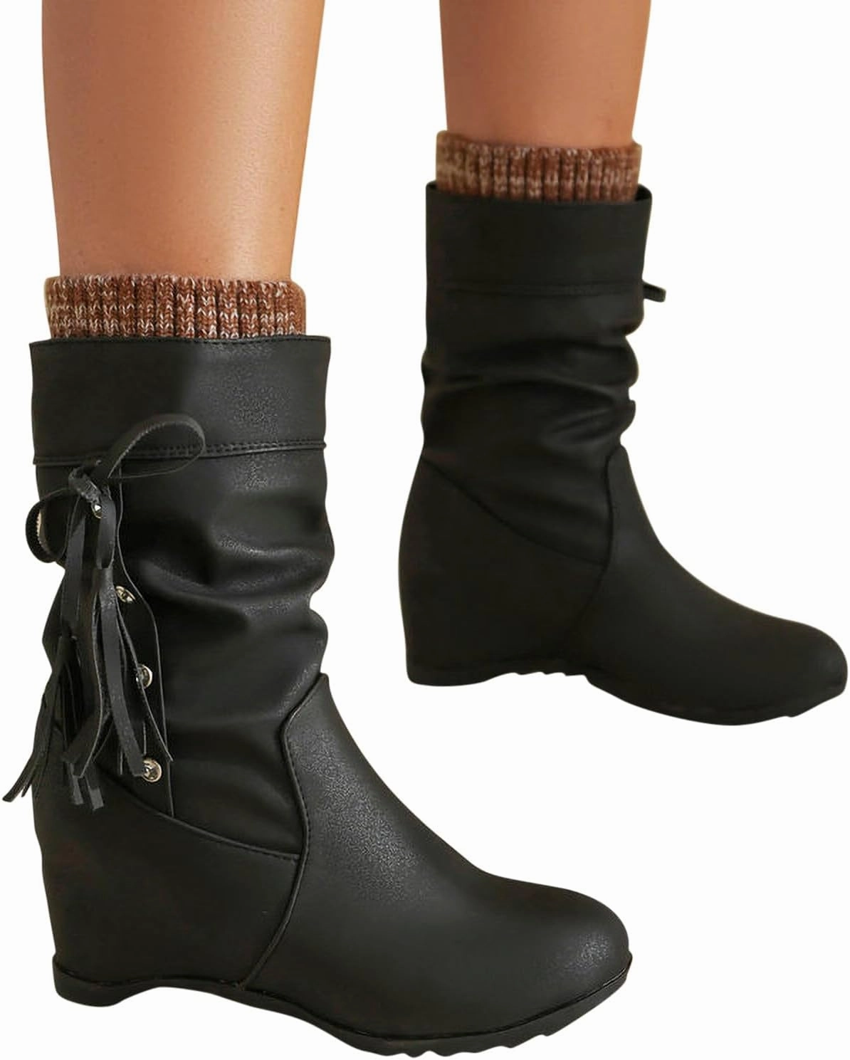 Slim Calf Knee High Boots Mid Calf Booties for Women Fashion Office Leather Boots Almond Toe Western Cowgirl Cowboy Bootie Solid Casual Fall Short Boots