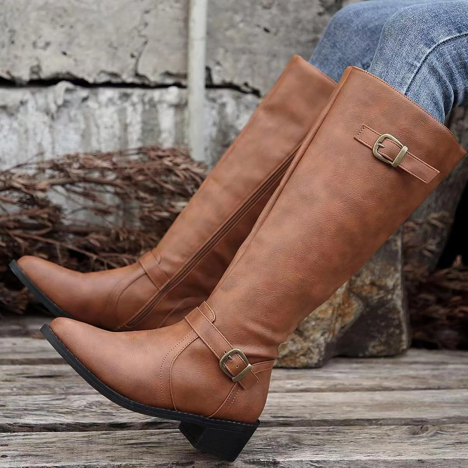 Cowboy Boots Store Mid Calf Boots for Women Wide Calf Boots Western Pointed Toe Chunky Heel Square Heel Side Zipper Outdoor Casual Boots