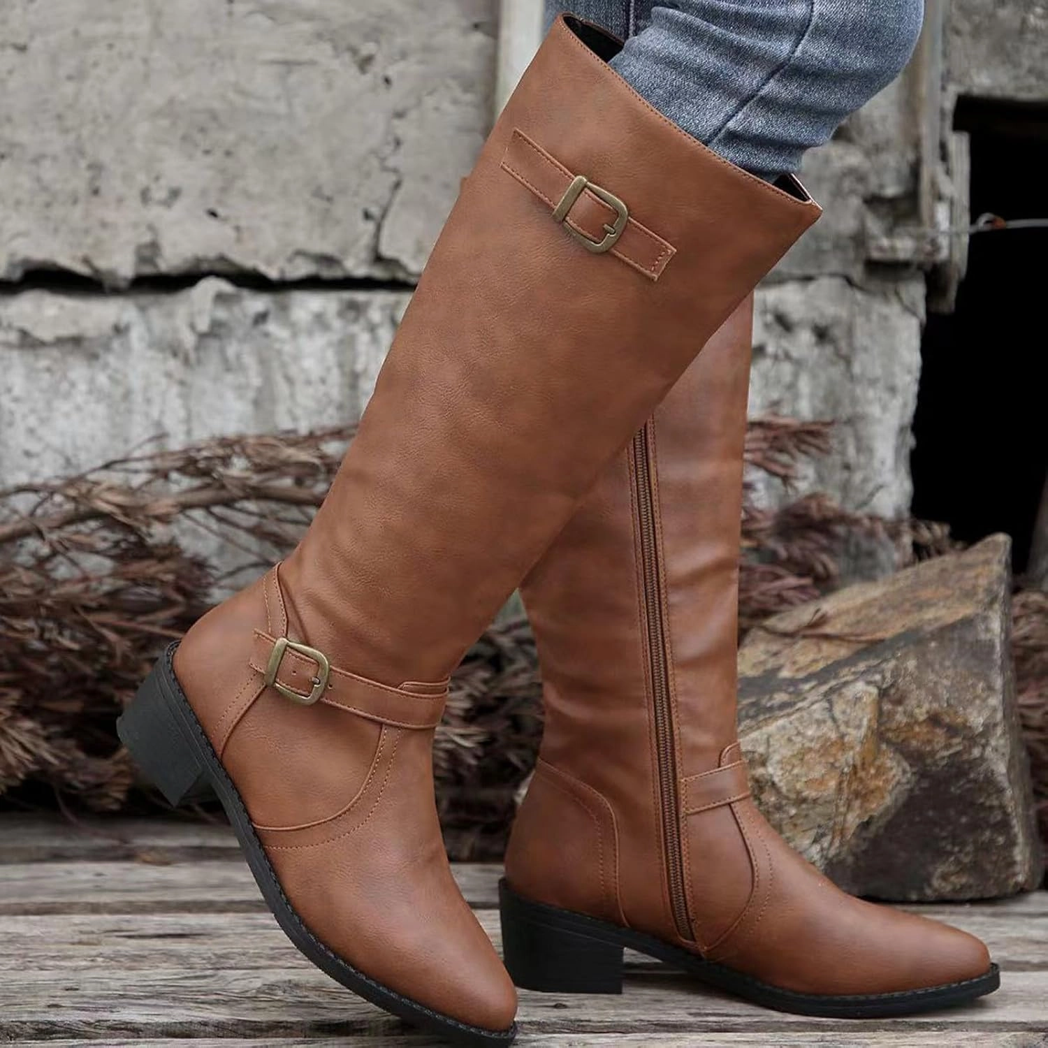 Mid Calf Boots for Women Wide Calf Boots Western Pointed Toe Chunky Heel Square Heel Side Zipper Outdoor Casual Boots Muck Boots Walmart