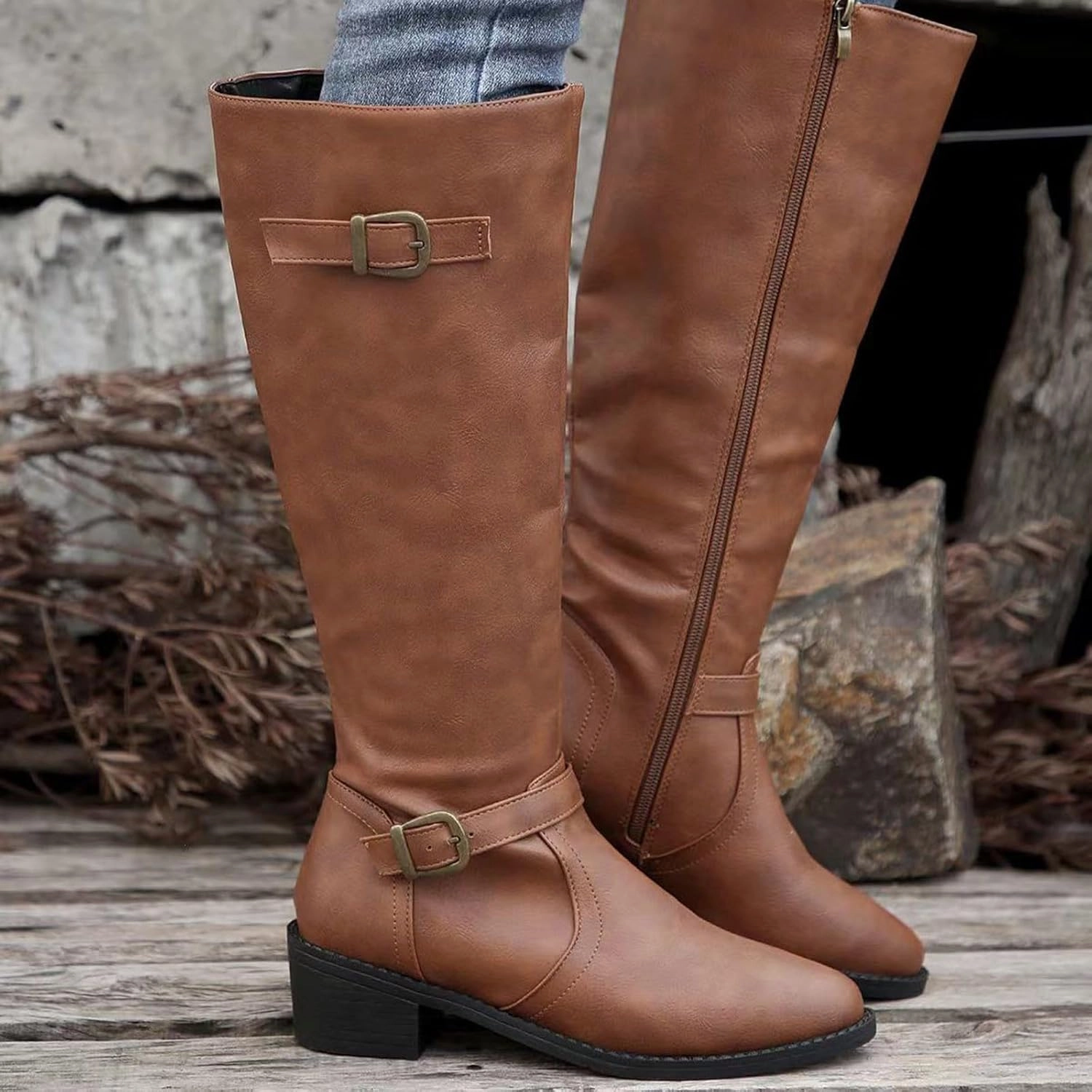 Mid Calf Boots for Women Wide Calf Boots Western Pointed Toe Chunky Heel Square Heel Side Zipper Outdoor Casual Boots Skateboard Boots