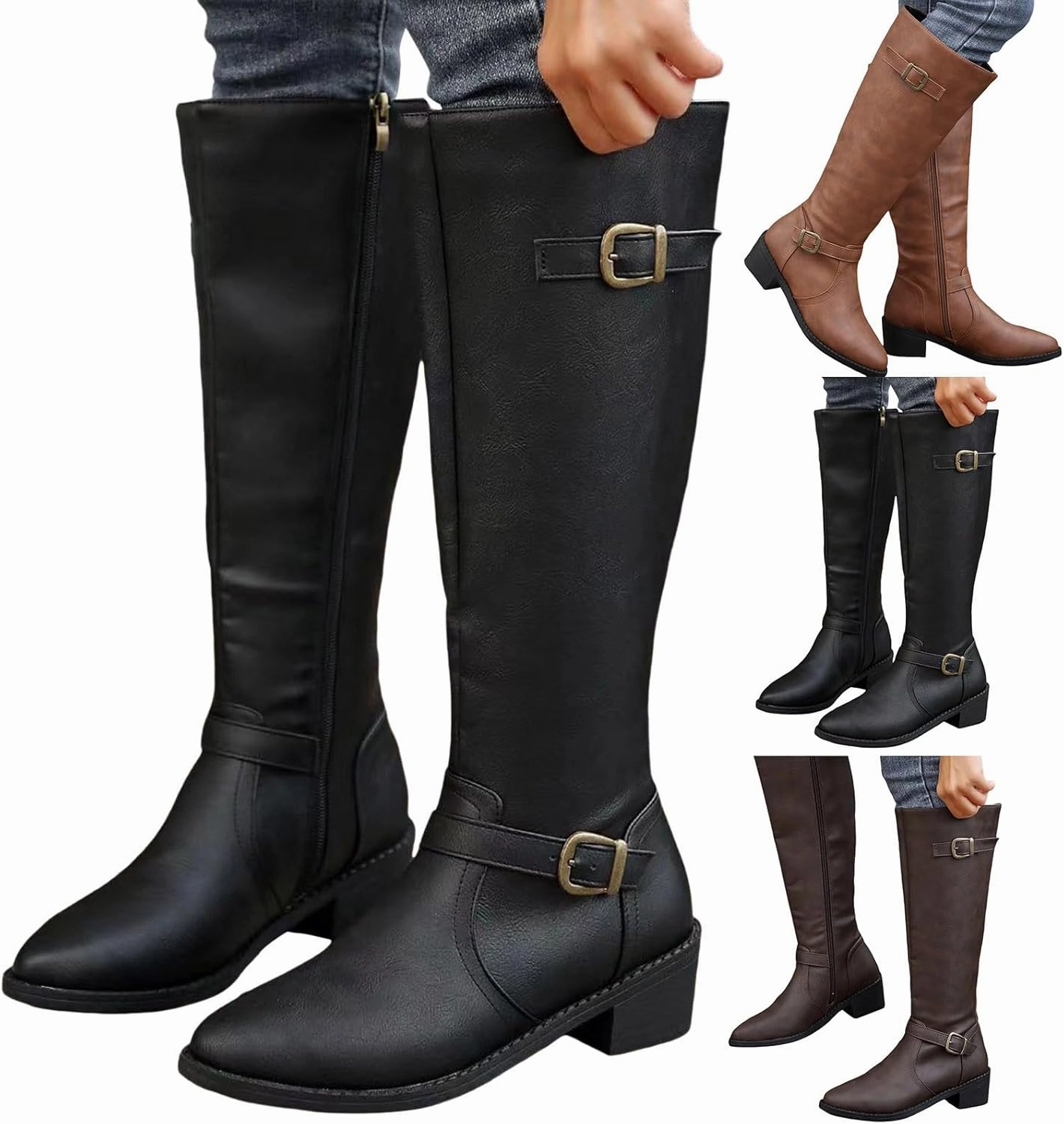 Yzy Boots Mid Calf Boots for Women Wide Calf Boots Western Pointed Toe Chunky Heel Square Heel Side Zipper Outdoor Casual Boots