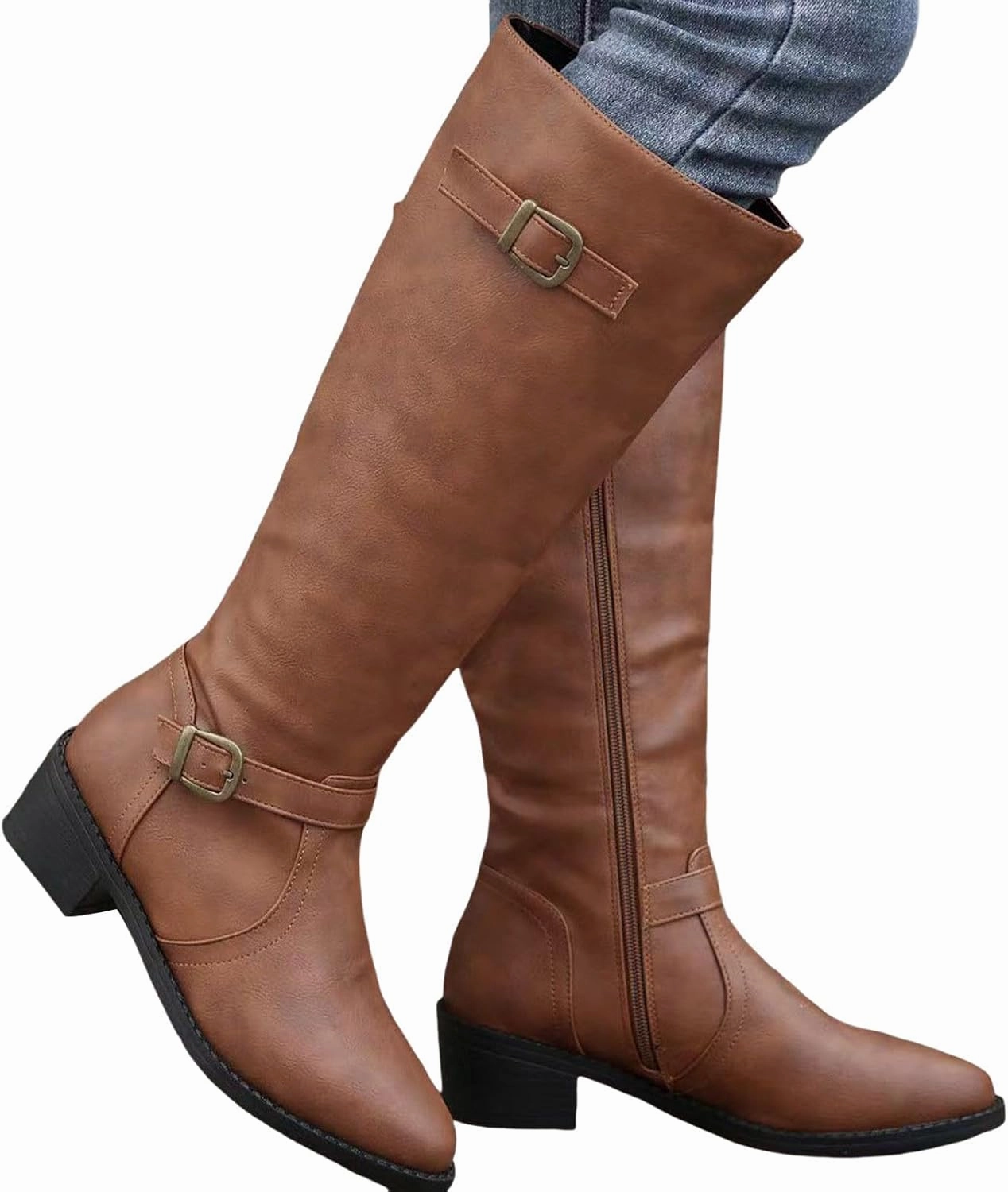 Lug Boots Mid Calf Boots for Women Wide Calf Boots Western Pointed Toe Chunky Heel Square Heel Side Zipper Outdoor Casual Boots