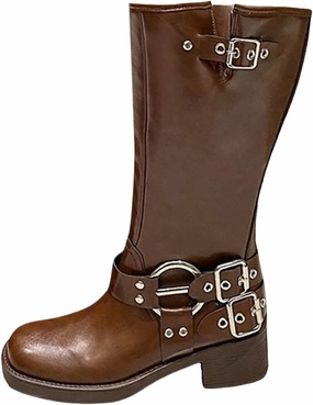 Mid Calf Boots for Women Women's Retro Street Boots Belt Buckle Tall Knight Boots Chunky Heel Fashion Leather Boots Taylor Holmes Boots
