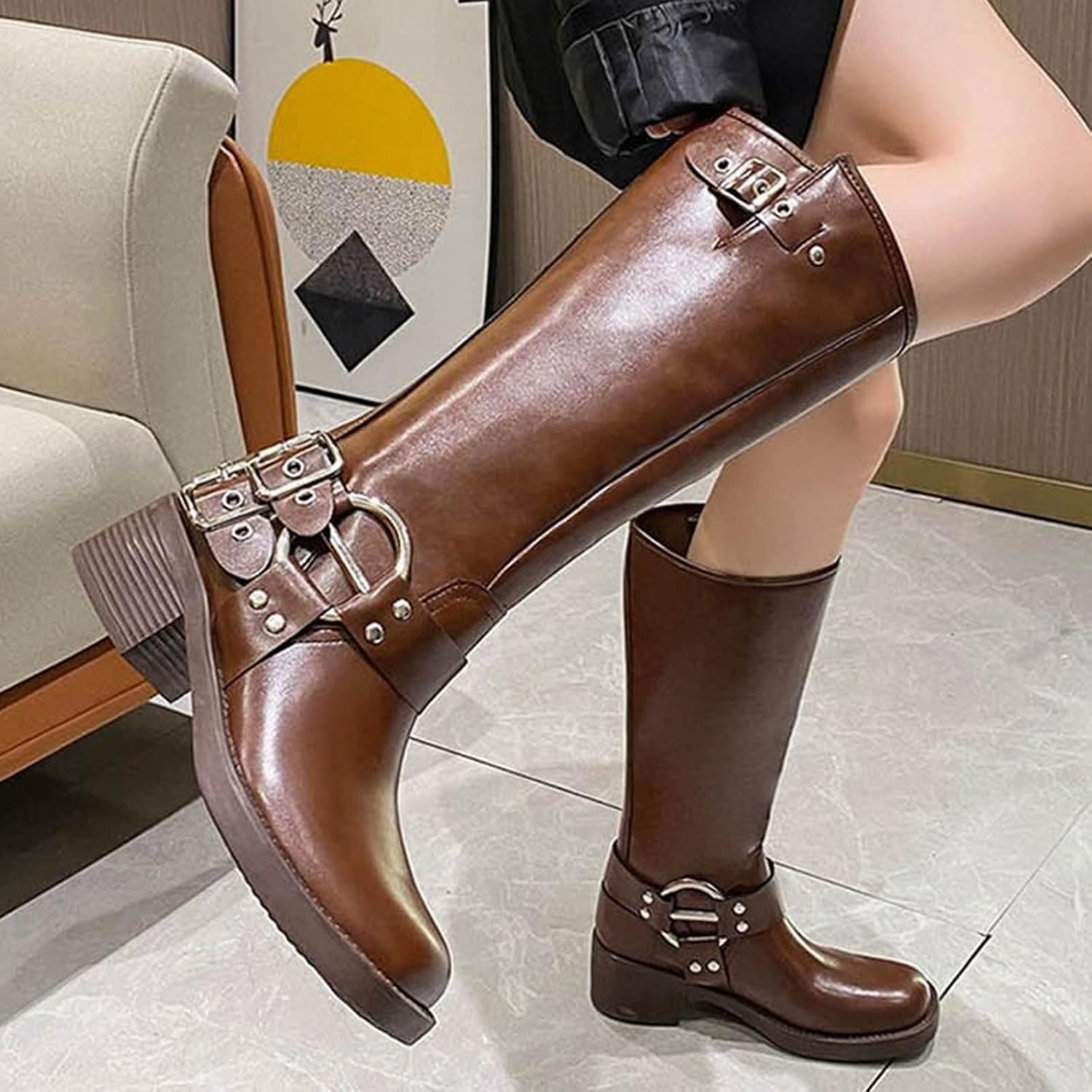 Mid Calf Boots for Women Women's Retro Street Boots Belt Buckle Tall Knight Boots Chunky Heel Fashion Leather Boots Toddler Boots