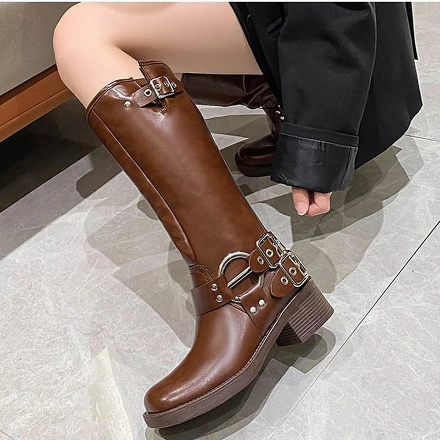 Mid Calf Boots for Women Women's Retro Street Boots Belt Buckle Tall Knight Boots Chunky Heel Fashion Leather Boots Red Boots Heels