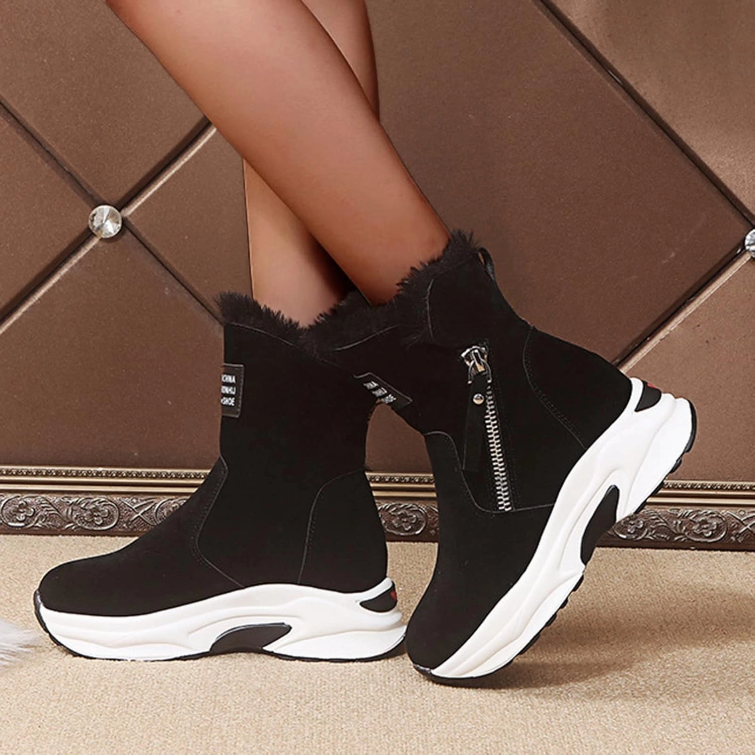 Mid Calf Boots for Women Women's Shoes Thick Bottom Flip Hair Short Velvet Warm Inner Higher Cotton Boots Snow Boots Dress On Boots