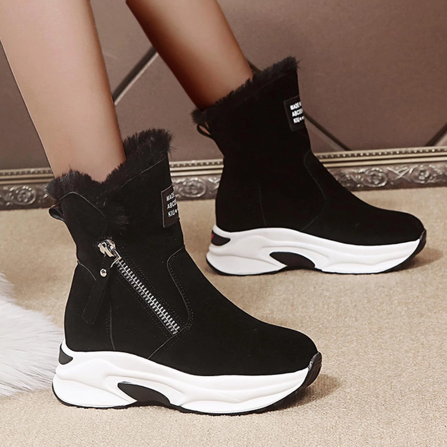 Suede Knee High Boots Low Heel Mid Calf Boots for Women Women's Shoes Thick Bottom Flip Hair Short Velvet Warm Inner Higher Cotton Boots Snow Boots