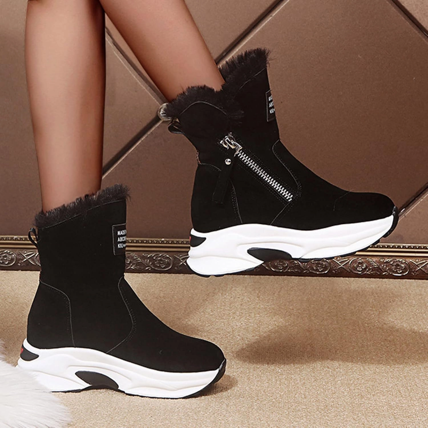 Mid Calf Boots for Women Women's Shoes Thick Bottom Flip Hair Short Velvet Warm Inner Higher Cotton Boots Snow Boots London Rag Boots
