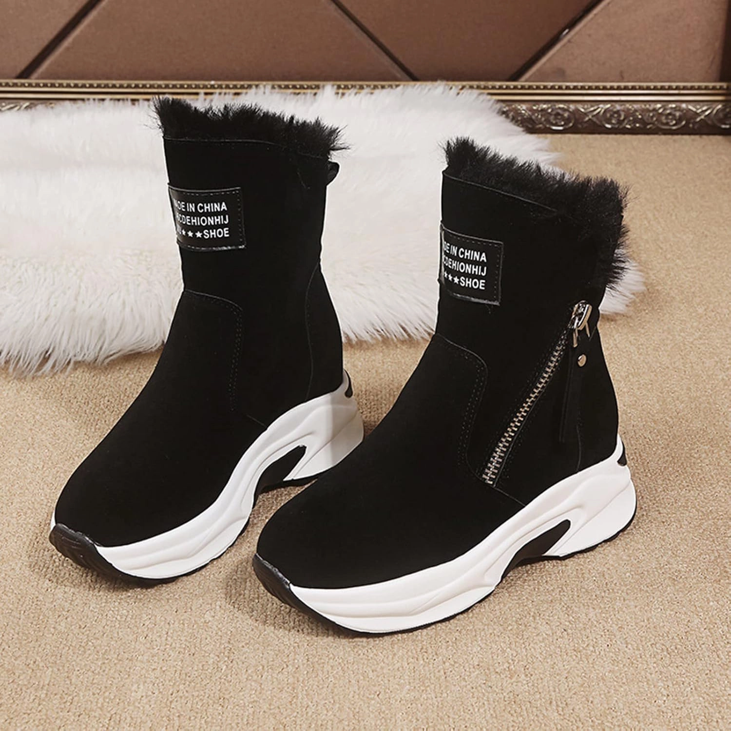 Dress Western Boots Mid Calf Boots for Women Women's Shoes Thick Bottom Flip Hair Short Velvet Warm Inner Higher Cotton Boots Snow Boots